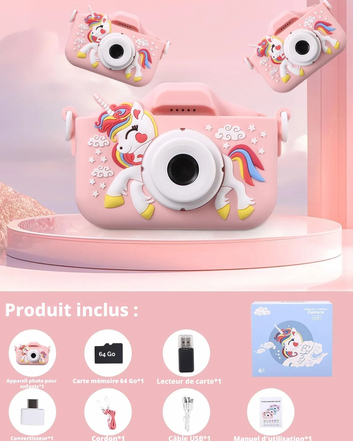 Appareil Photo Numérique Enfant 2.0 Pouces HD 1080p 64Go Carte SD Rechargeable Cadeau Filles Garçons 3-10 Ans