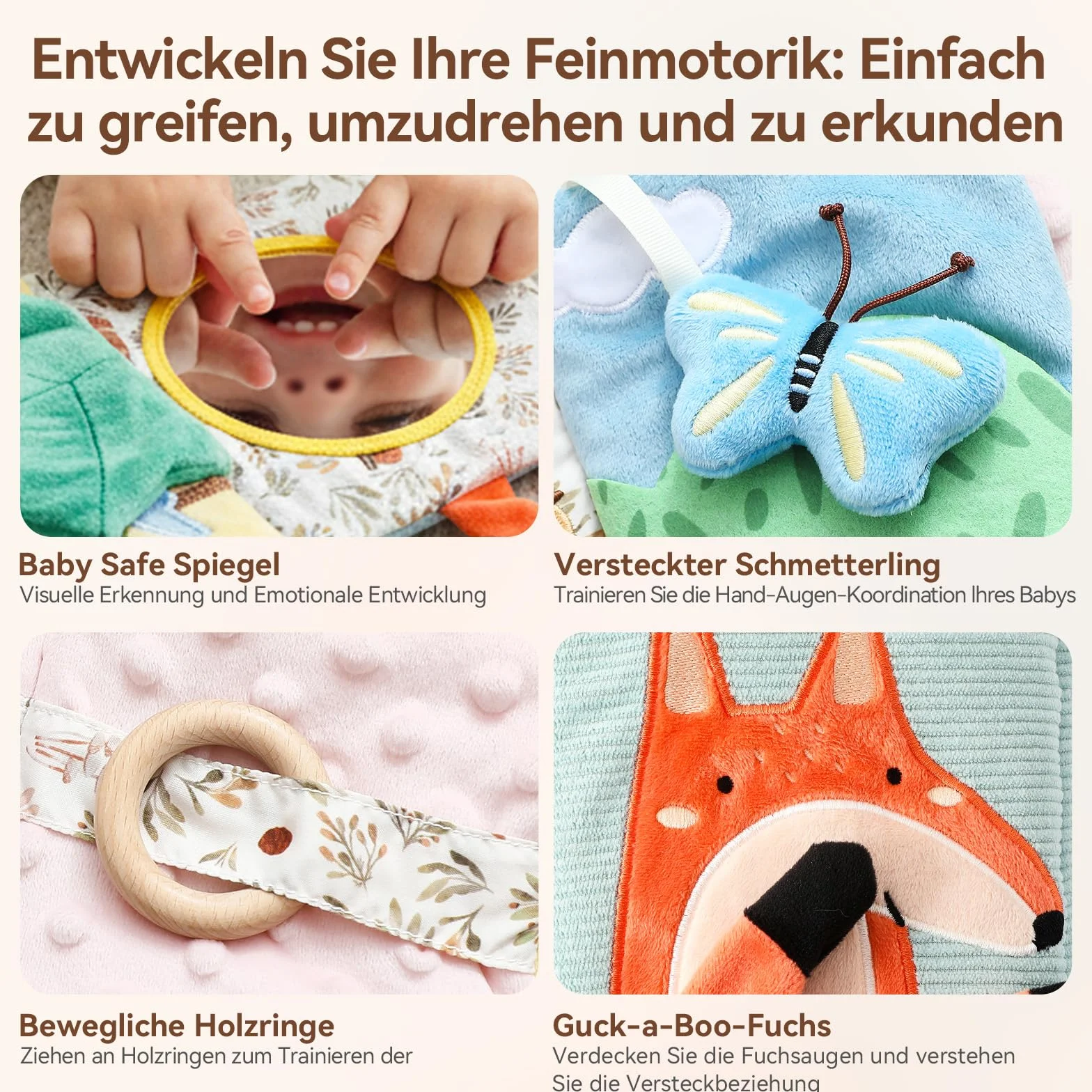 Livre de bébé en tissu avec miroir sensoriel crépitant pour nouveau-né 0-6 mois