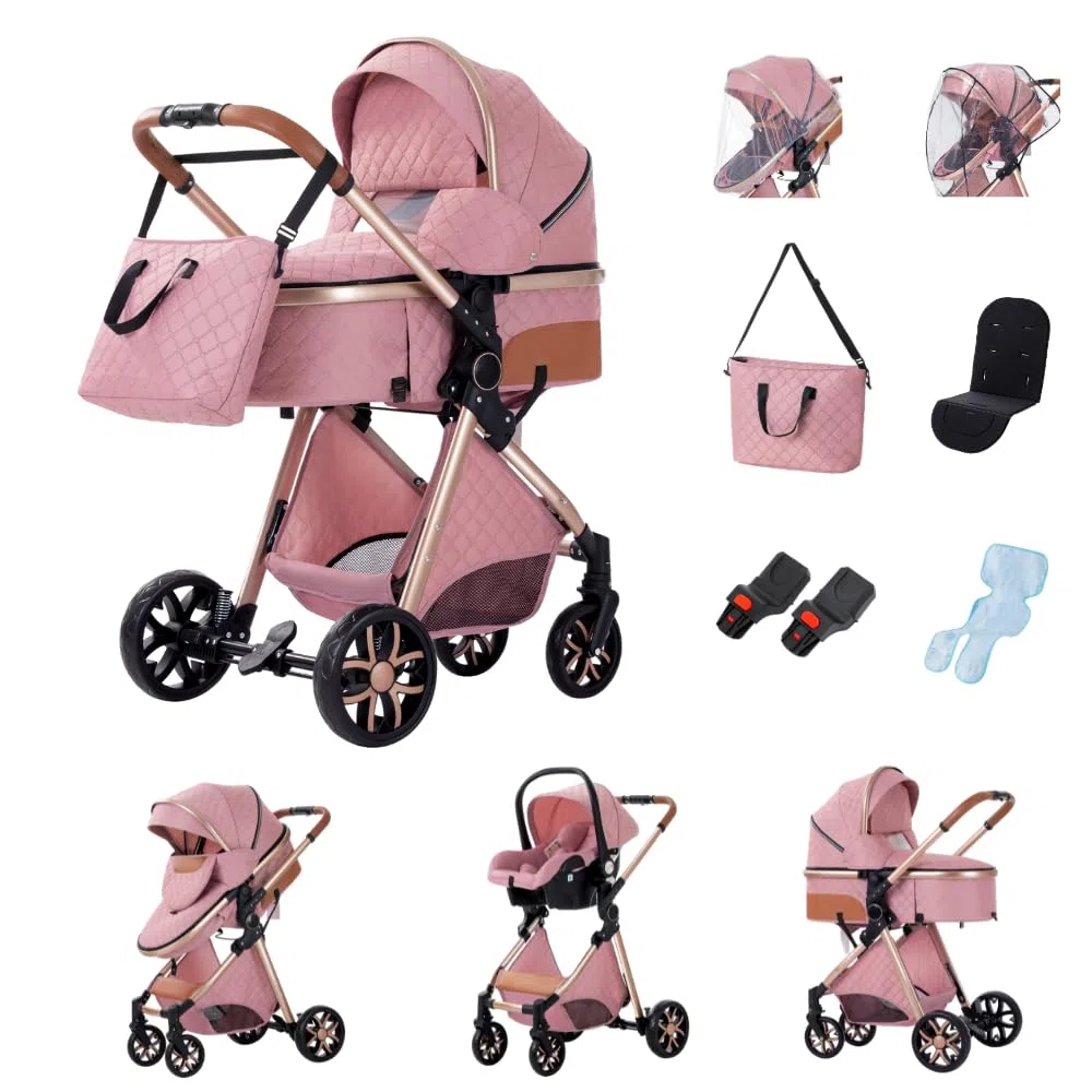 GLOKID Poussette 3 en 1 Pliable, Système de voyage, Conception pliable en un clic, Deux Façons de Pousser, Moustiquaire, Couvre-Pieds, Porte-Gobelet, pour nouveau-né jusqu'à 3 ans (DPV9 Rose)