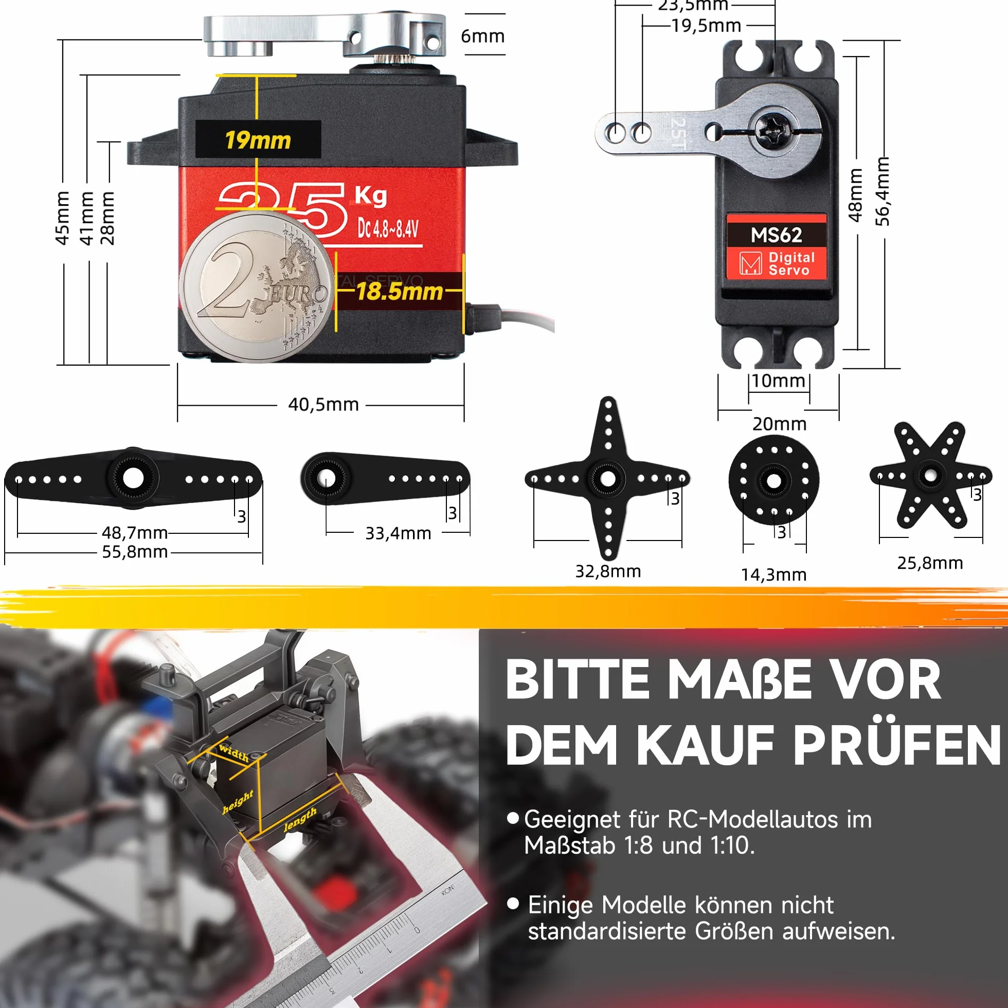 Miuzei Servo 25kg Digital Standard 180 Metal Waterproof Compatible Arduino RC Voiture 1/10 1/8
