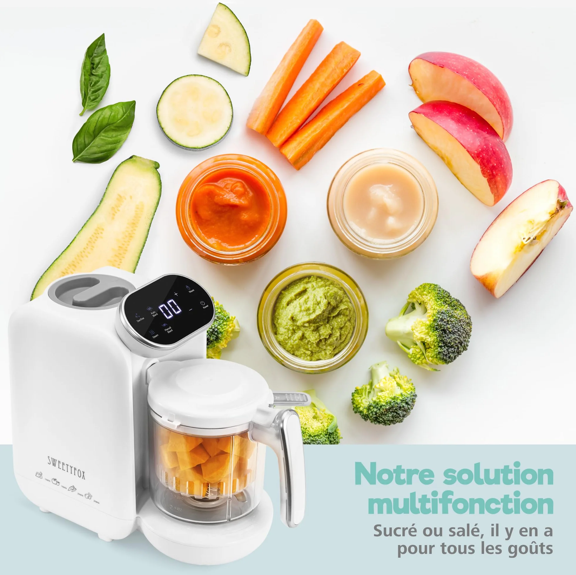 Sweety Fox Robot Cuiseur Bebe 7 Fonctions Vapeur Mixeur Pulse Nettoyable Stérilise Réchauffe Décongèle