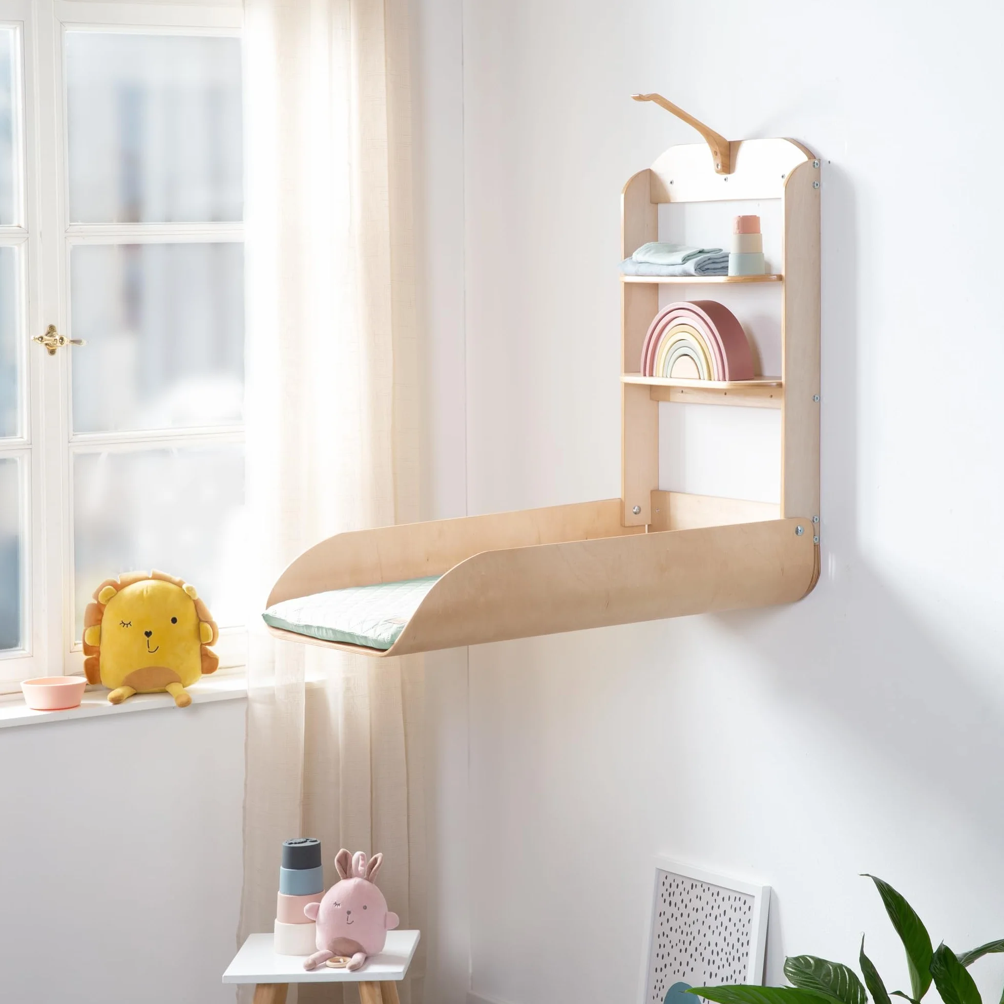 roba Table à Langer Murale Rabattable en Bois Naturel Vert Givré avec Matelas Imperméable et 2 Étagères