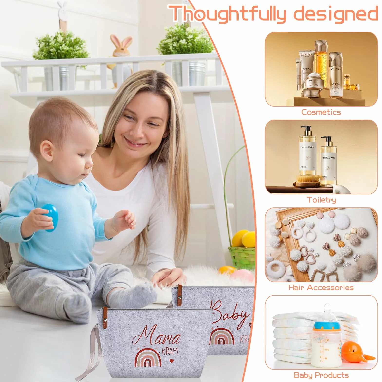 Trousse de Maquillage en Feutre Gris Clair pour Femmes Enceintes Cadeau de Naissance Baby Shower
