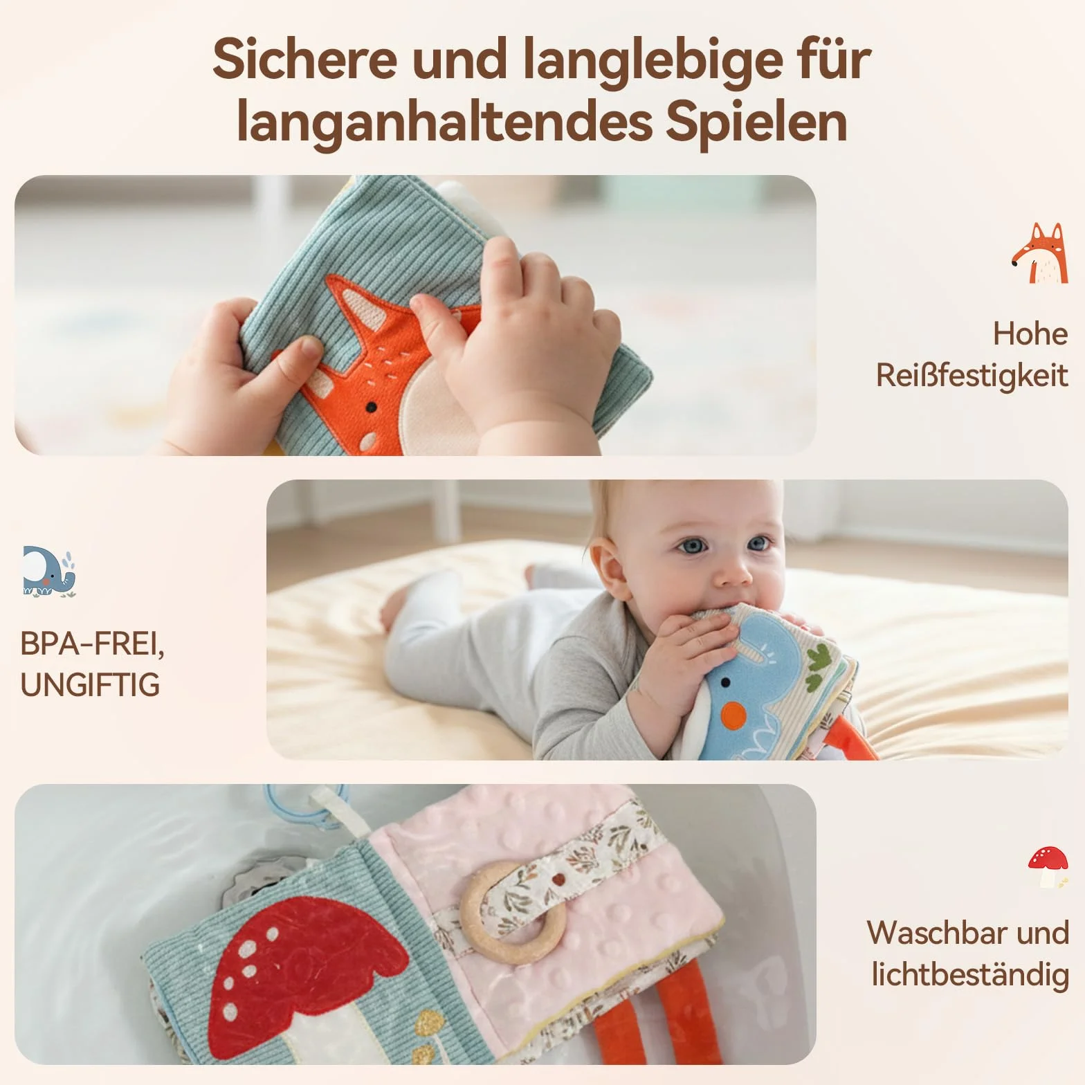 Livre de bébé en tissu avec miroir sensoriel crépitant pour nouveau-né 0-6 mois