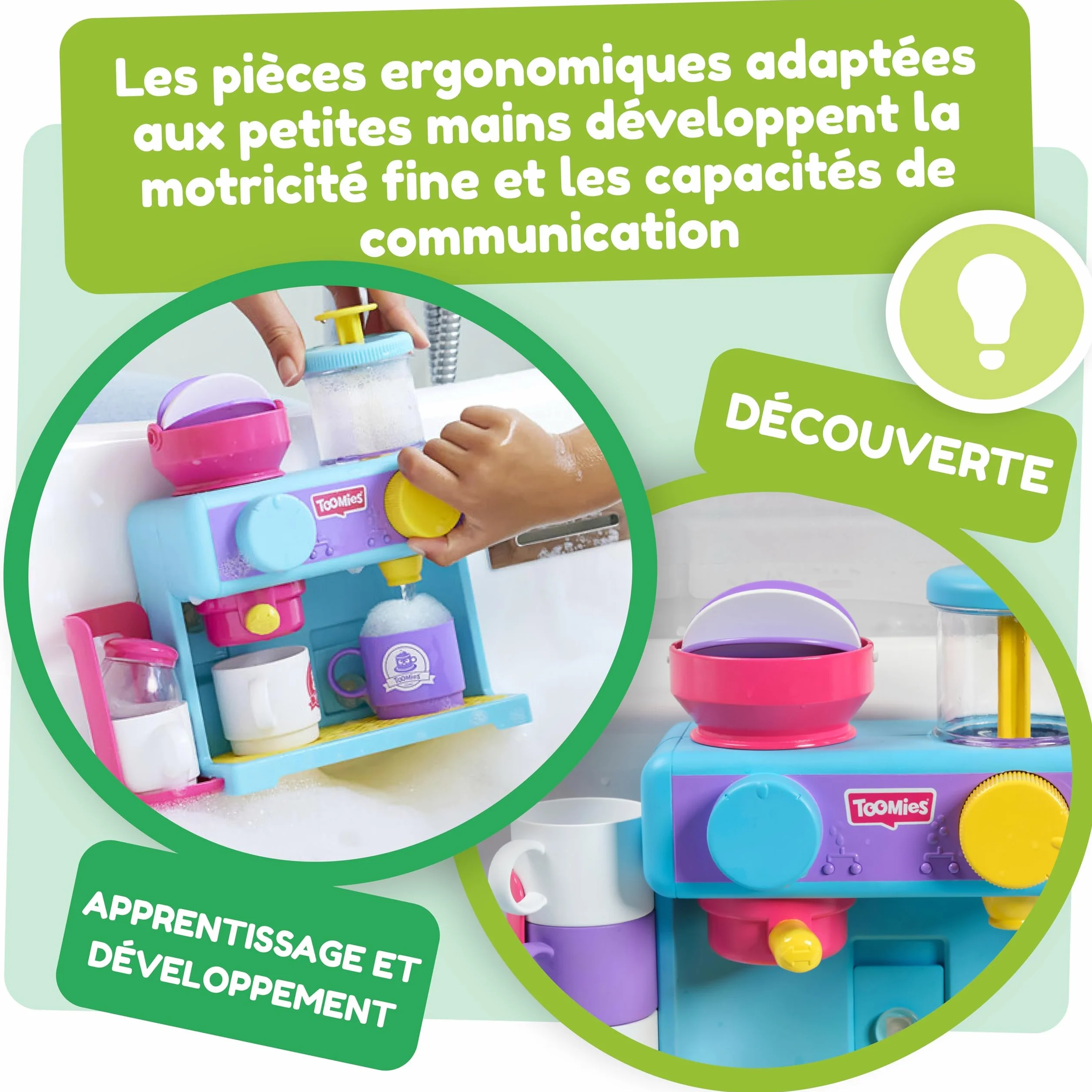 TOMY Toomies Machine à café pour le bain - Jouet de bain bébé avec 3 tasses, 1 pot et 1 shaker - À partir de 18 mois