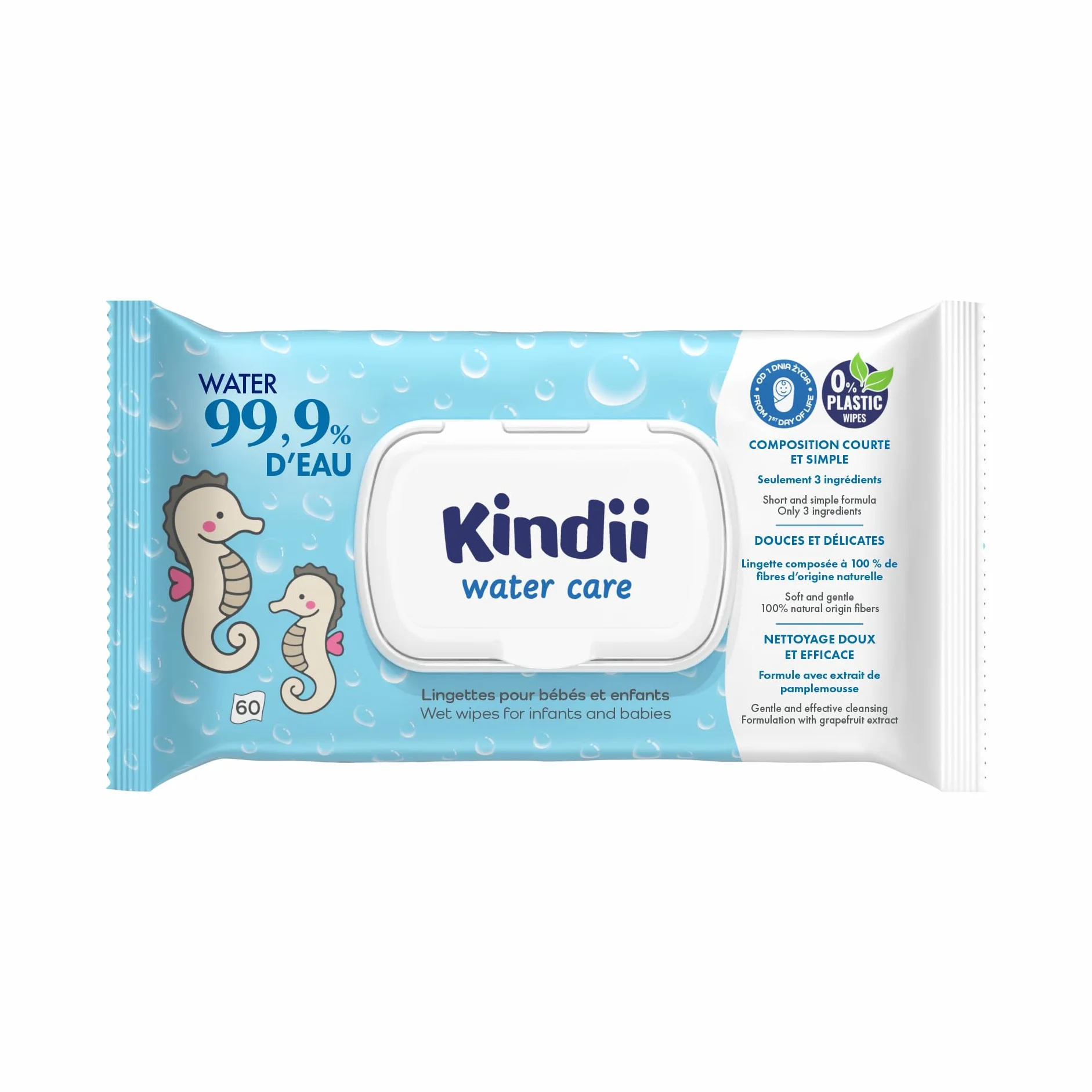 Kindii Water Care Lingettes Humides Bébé 60 unités 100% Viscose 99,9% Eau 150 × 200 mm non parfumées Peaux Sensibles