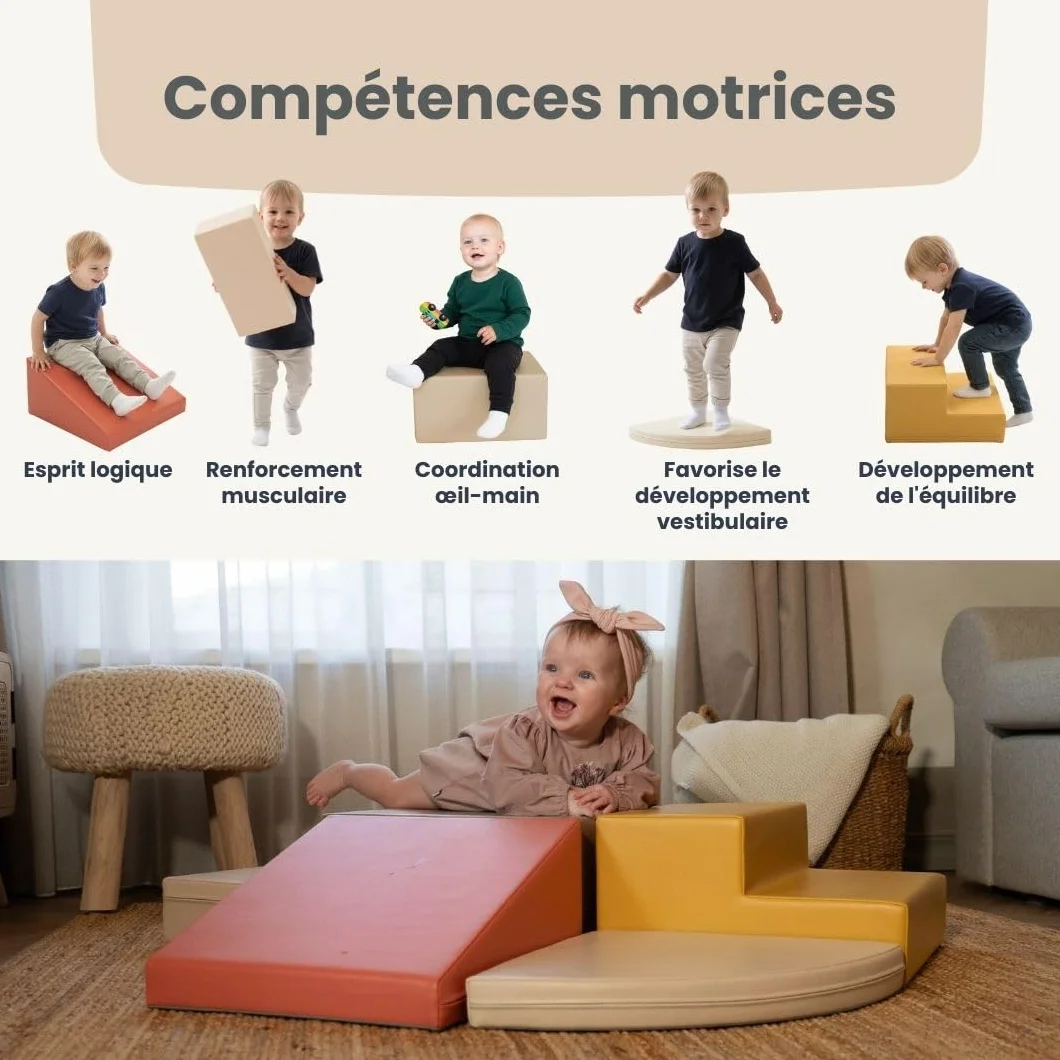 IGLU Soft Play Corner Climber Parcours de Motricité 5 Modules XL Mousse Bébé Enfant Blocs Construction Souples Jeu d’Éveil Montessori Toboggan Intérieur Automne Pastel