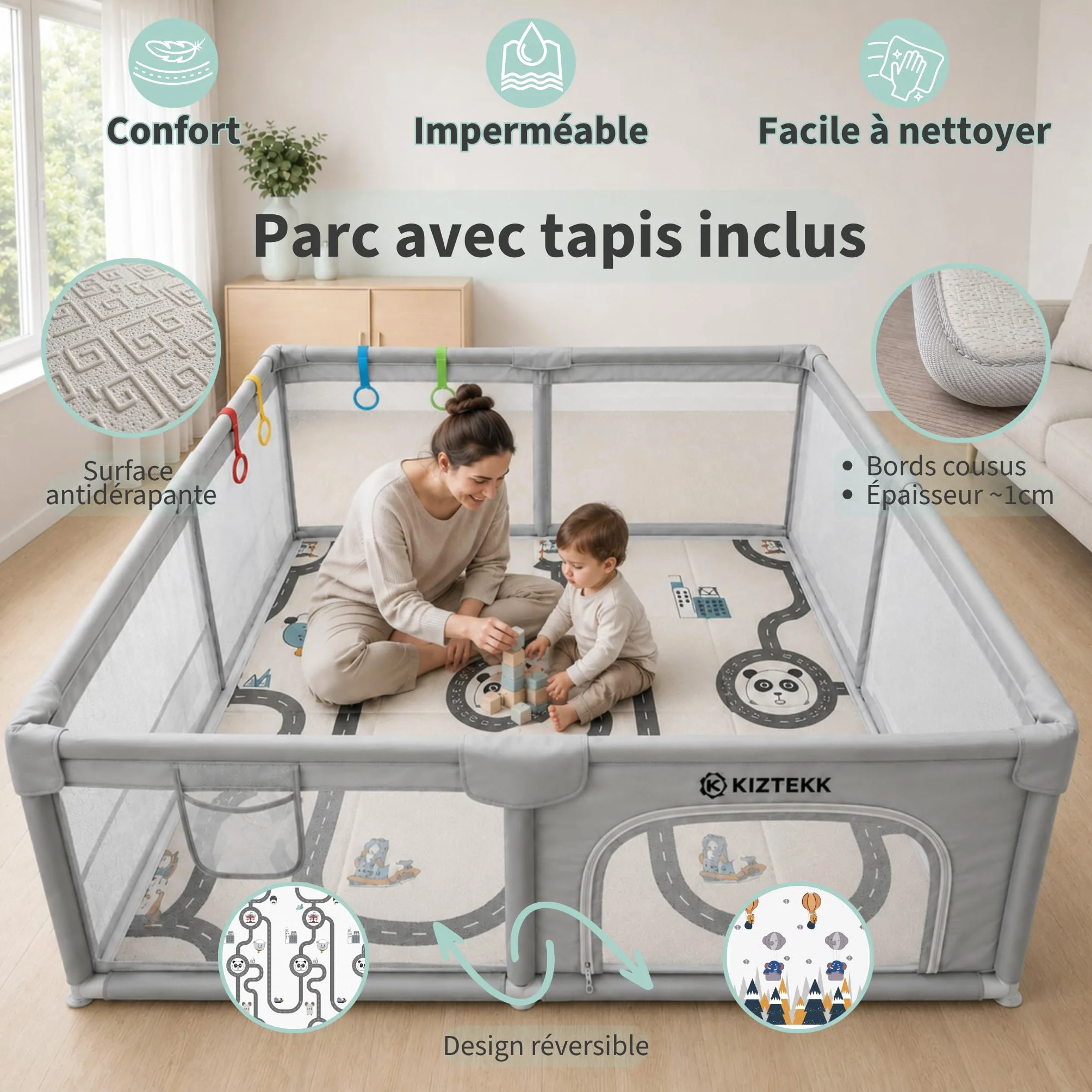 Parc Bebe 150x150 cm Pliable avec Tapis de Sol - Visibilité 360° - 2 Sacs de Rangement