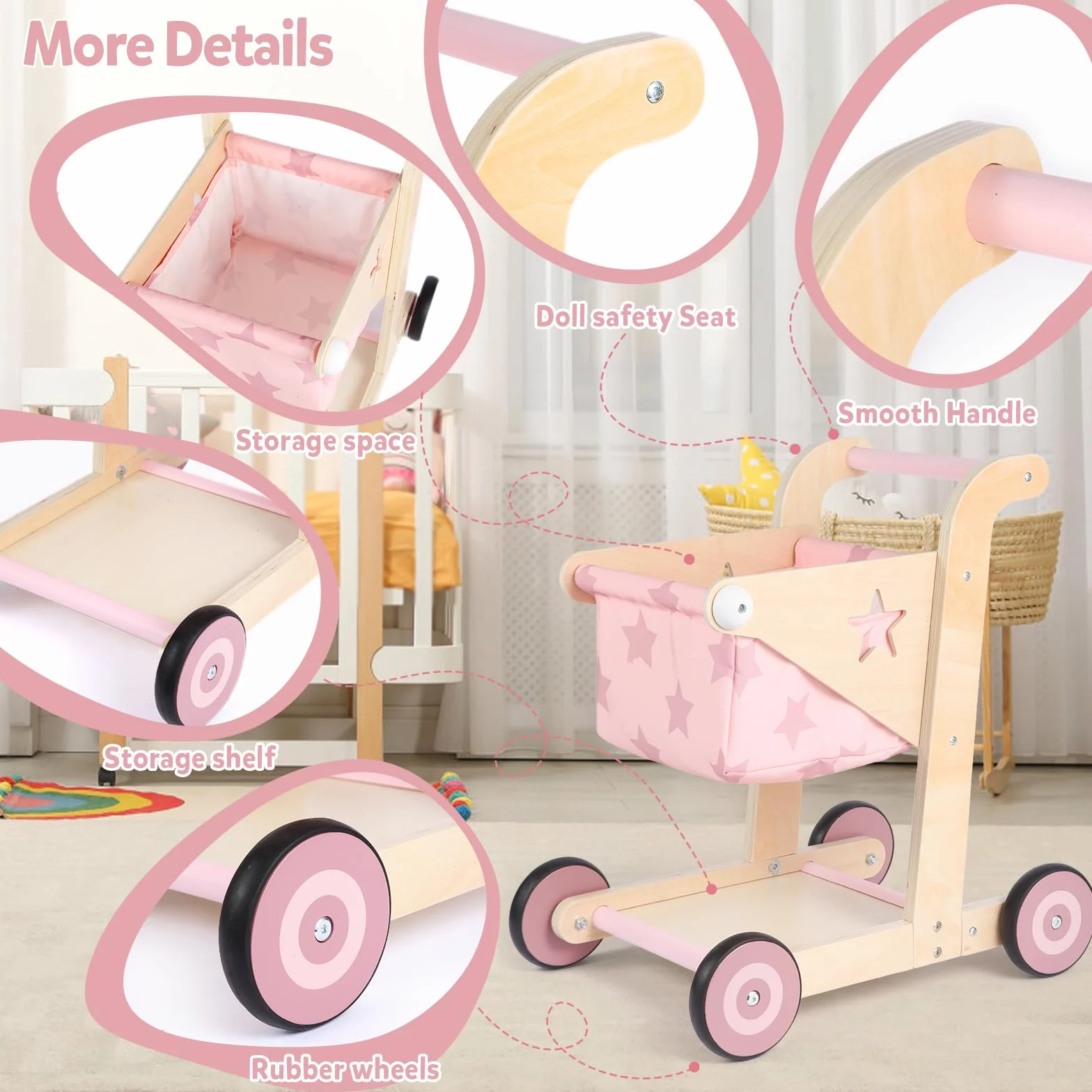 Asweets Trotteur en Bois 2 en 1 pour Bébé, Poussette Poupée et Chariot de Courses, Jouet Assis-Debout (Rose)