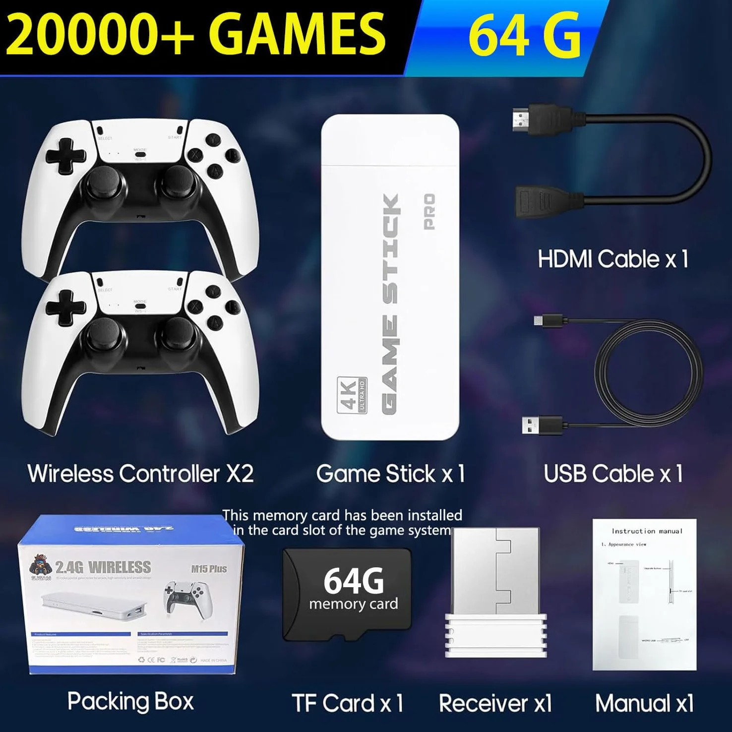 Console Rétrogaming TV Stick HDMI 4K 20000+ Jeux 23 Émulateurs 2 Manettes sans Fil Blanc