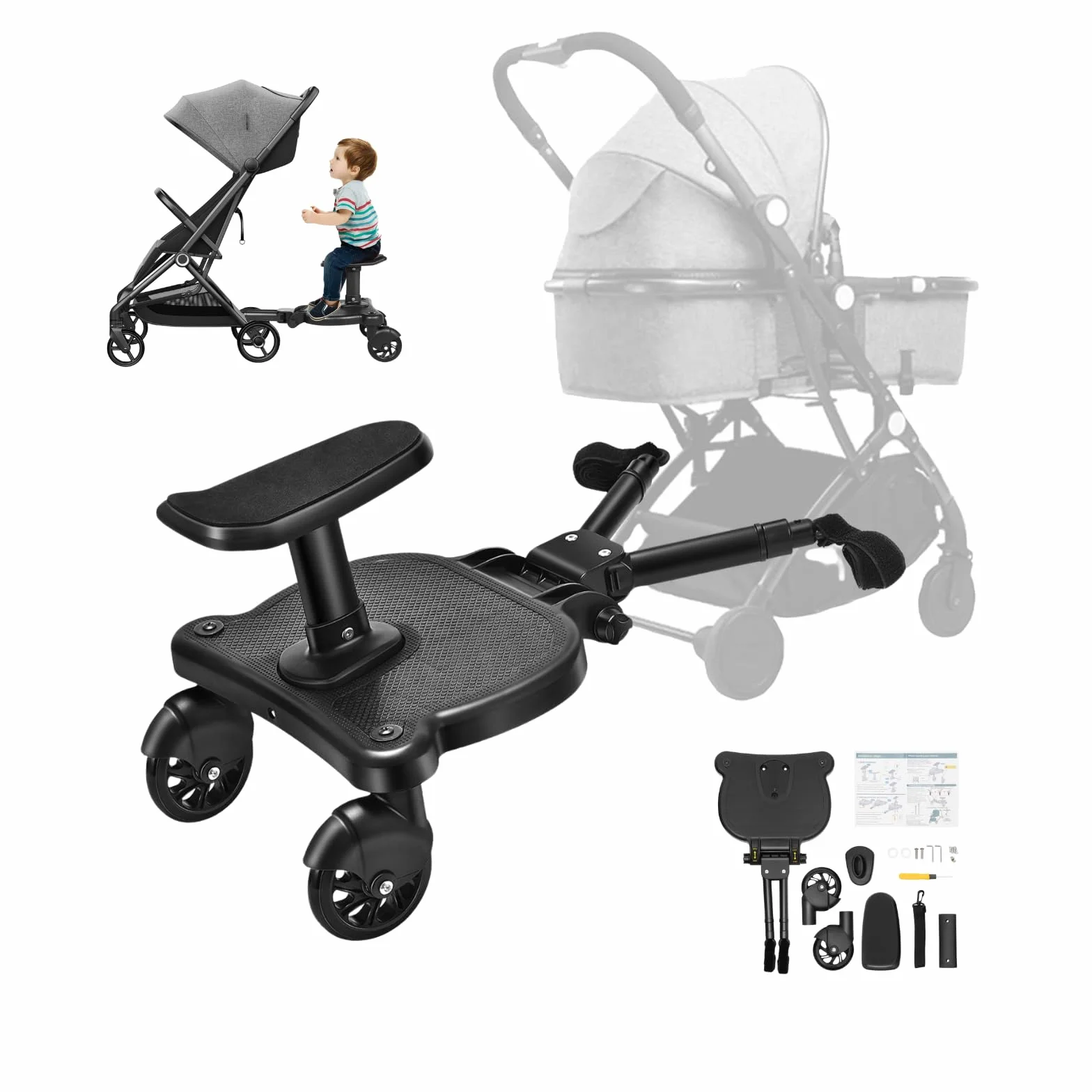 Planche Poussette Universelle avec Siège Amovible, Charge 25kg, Noir