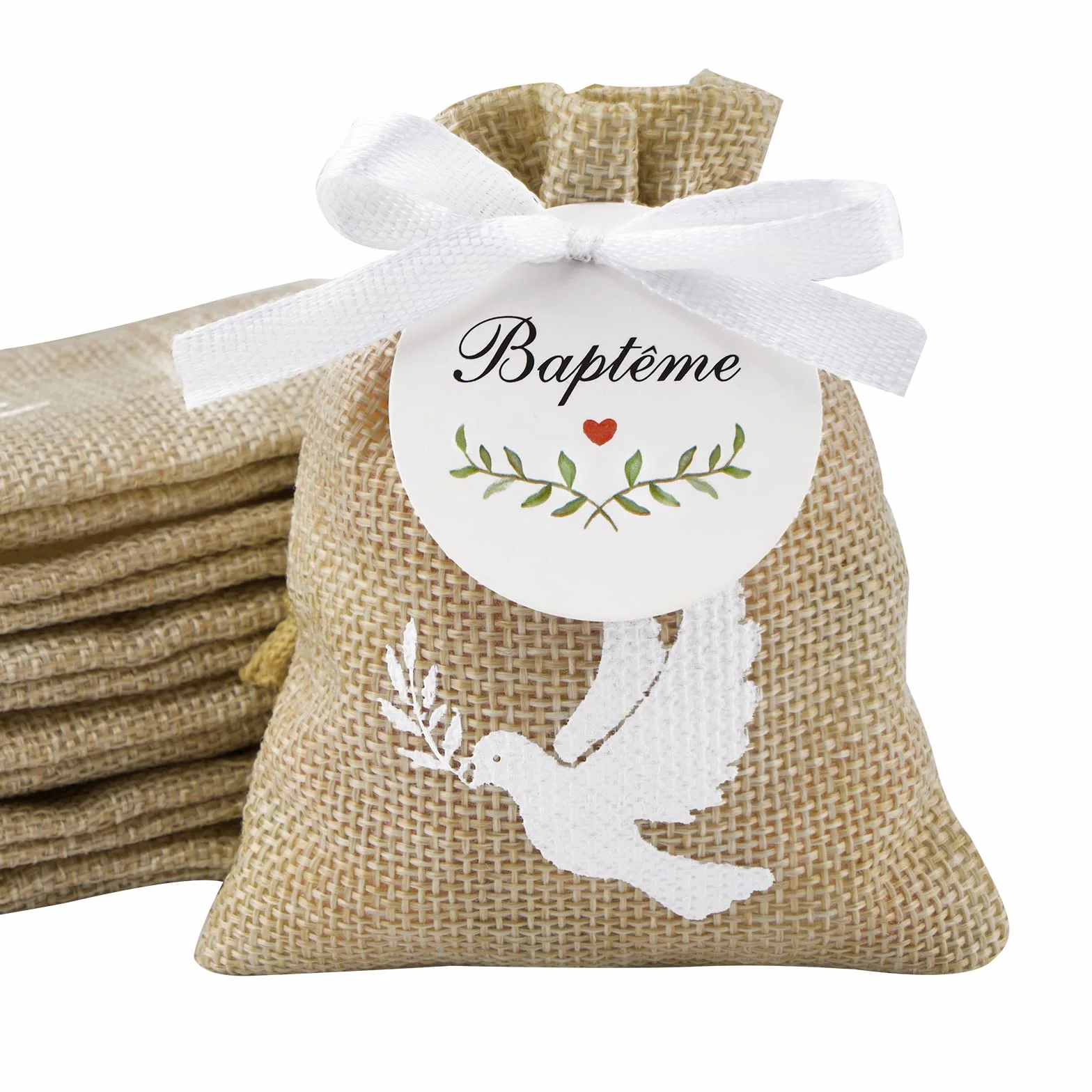 Sachet Jute Baptême Pochette Dragée Motif Colombe 10x8cm Cadeau Invité Décoration