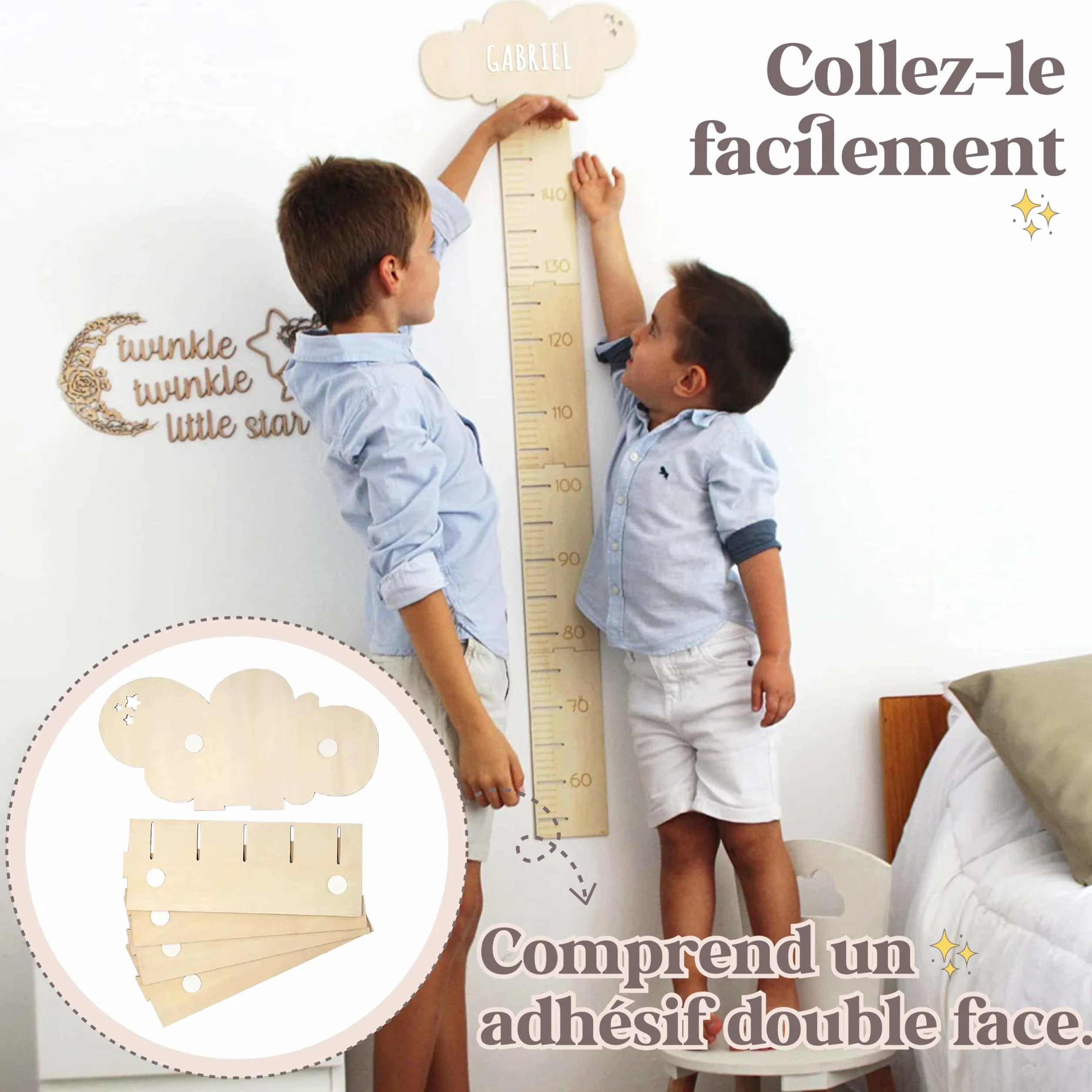 Toise murale enfant Decoration chambre bebe bois lettres autocollantes personnaliser nom Mesure taille