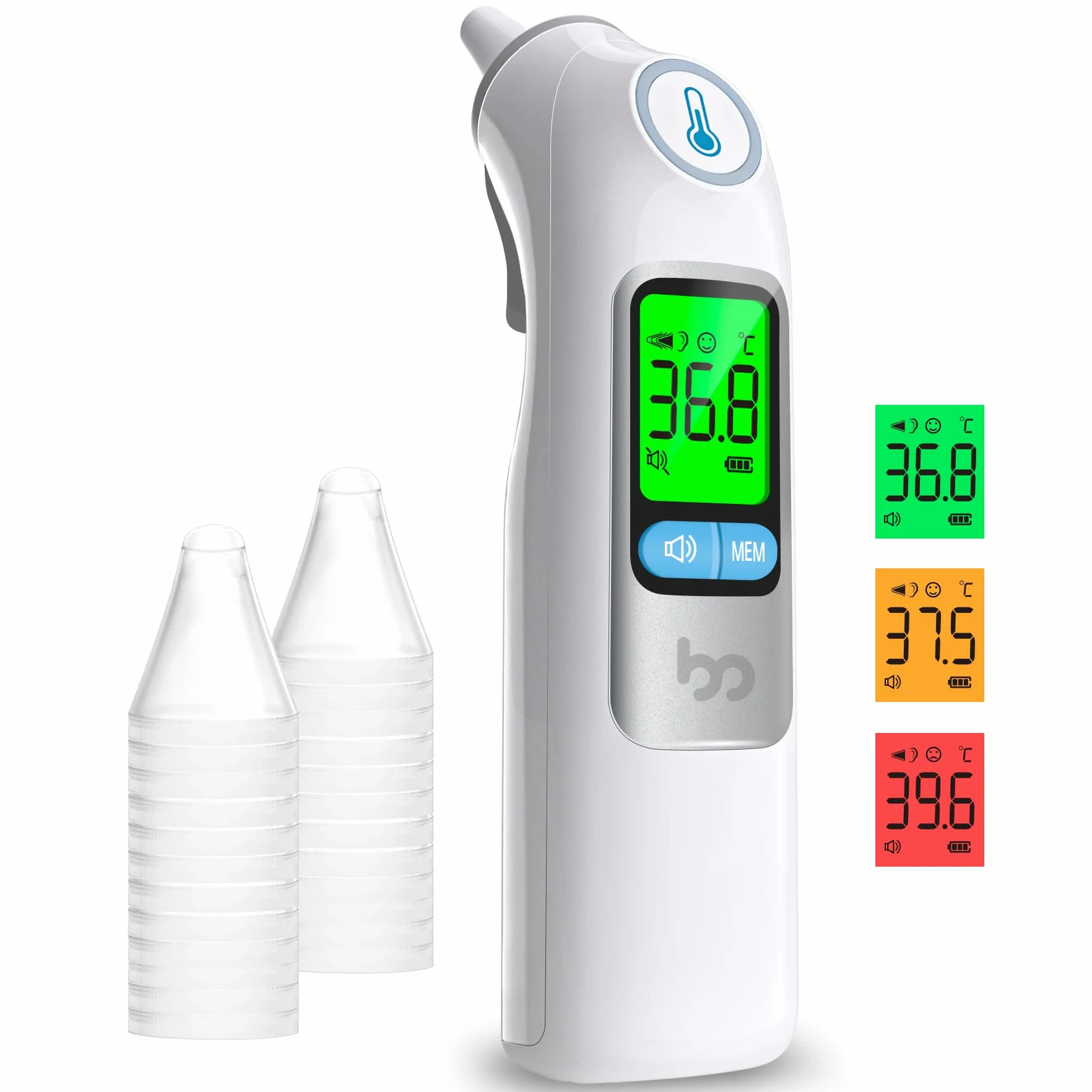 Thermomètre Auriculaire Professionnel avec Code d'Alerte Fièvre 3 Couleurs, Mode Silencieux, 24 Couvre-Sondes Jetables