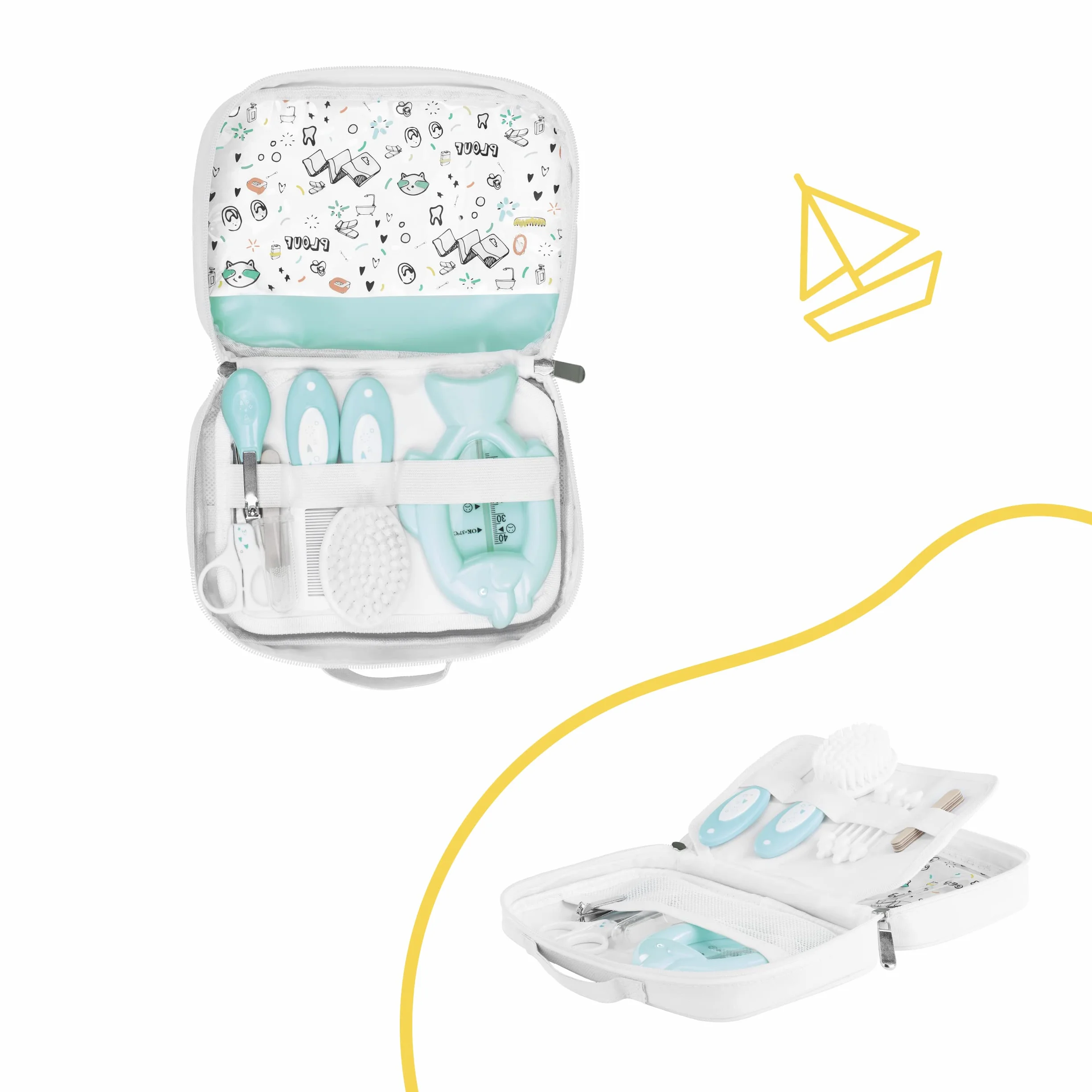 Badabulle Trousse de Soin Bébé Plouf Kit Complet 7 Accessoires Brosse Thermomètre Bain Ciseaux Arrondis