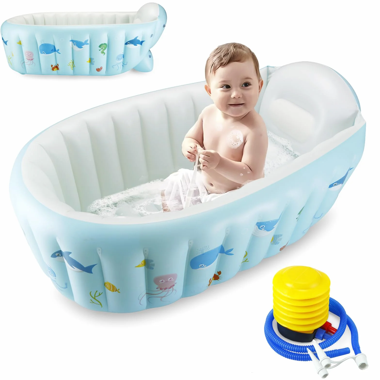 PandaEar Baignoire gonflable portable bébé enfant bassin antidérapant pompe à air bleu baleine