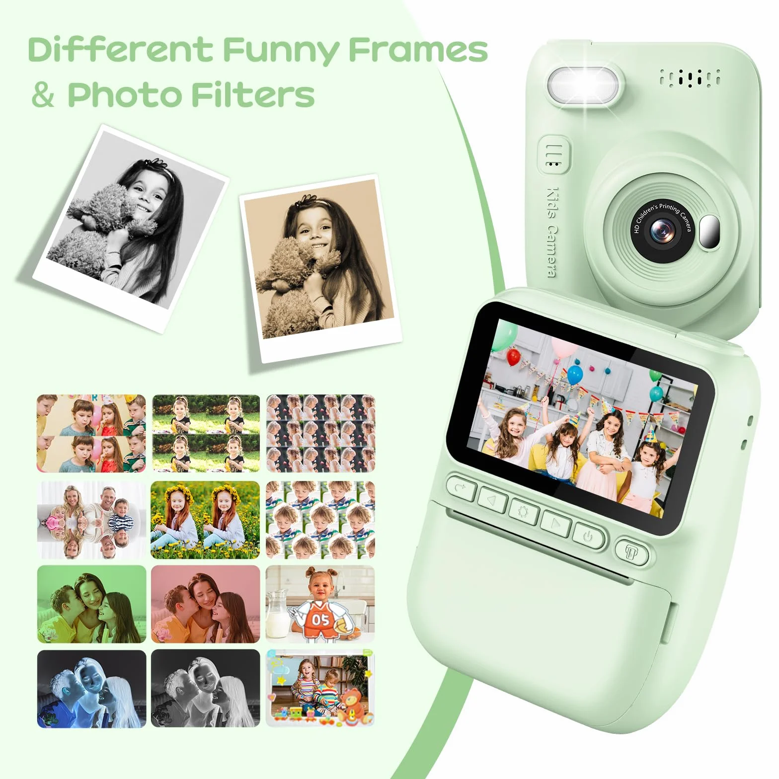 GREENKINDER Appareil Photo Instantané Enfant 3.0" Grand Écran 14 MP avec Carte 32 Go & Papier d'impression