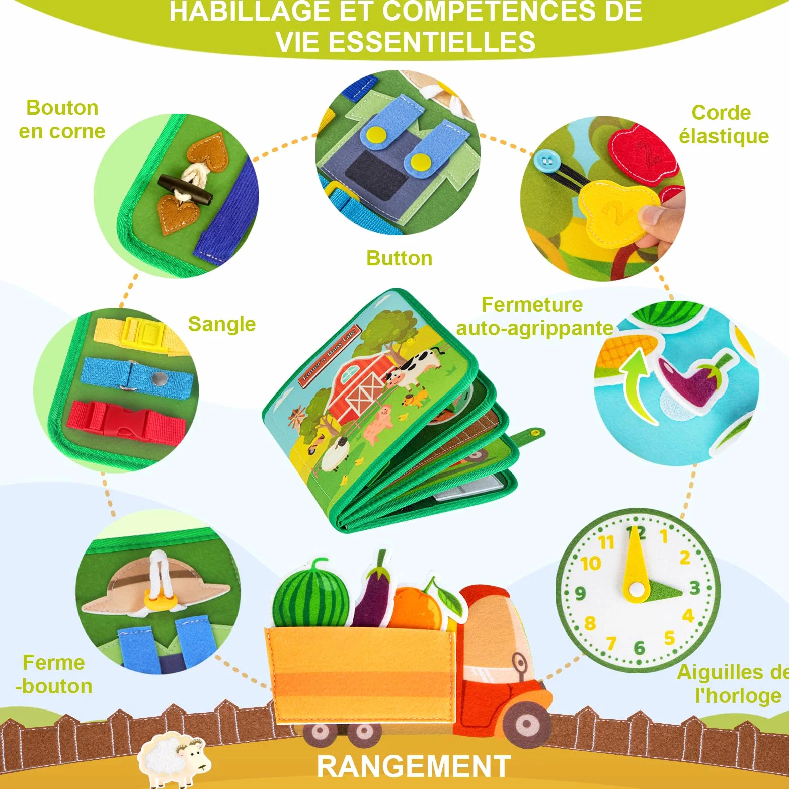 Quanquer Busy Board Française - Livre Occupé de Ferme Montessori pour 1 2 3 Ans Enfants - Planche d'Activités Jouet Éducatif Sensoriel Préscolaire - Jouets de Voyage pour Tout-Petits