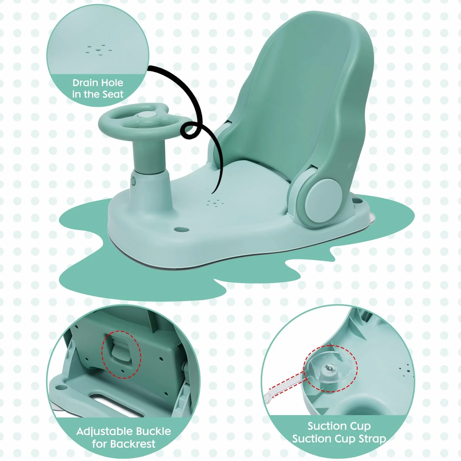 Chaise de Bain Bébé 6-24 Mois Dossier Réglable 4 Ventouses Pliable Antidérapant