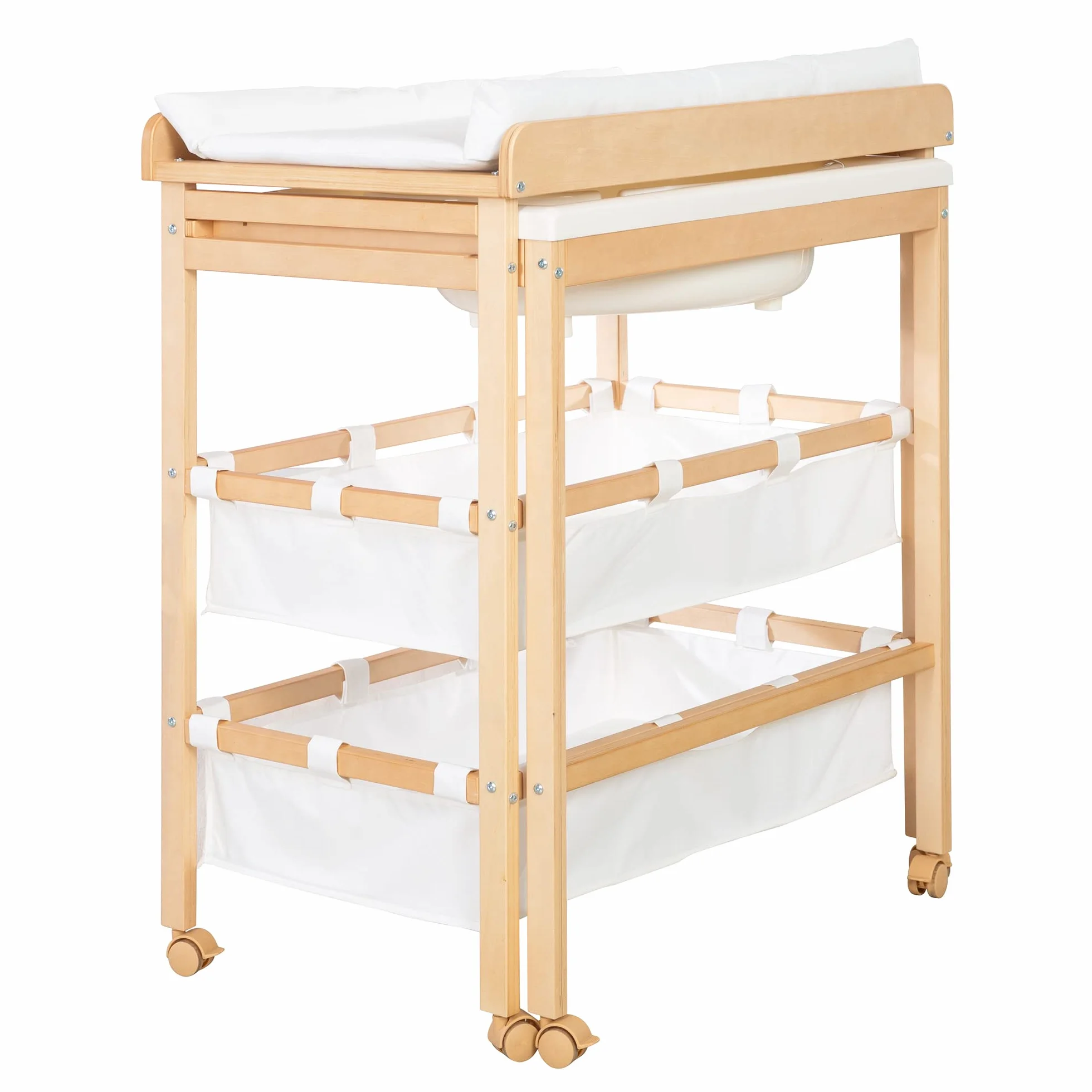 Table à Langer avec Baignoire Coulissante Baby Pool 2EN1 Matelas Imperméable Blanc 2 Compartiments Rangement Bois Naturel