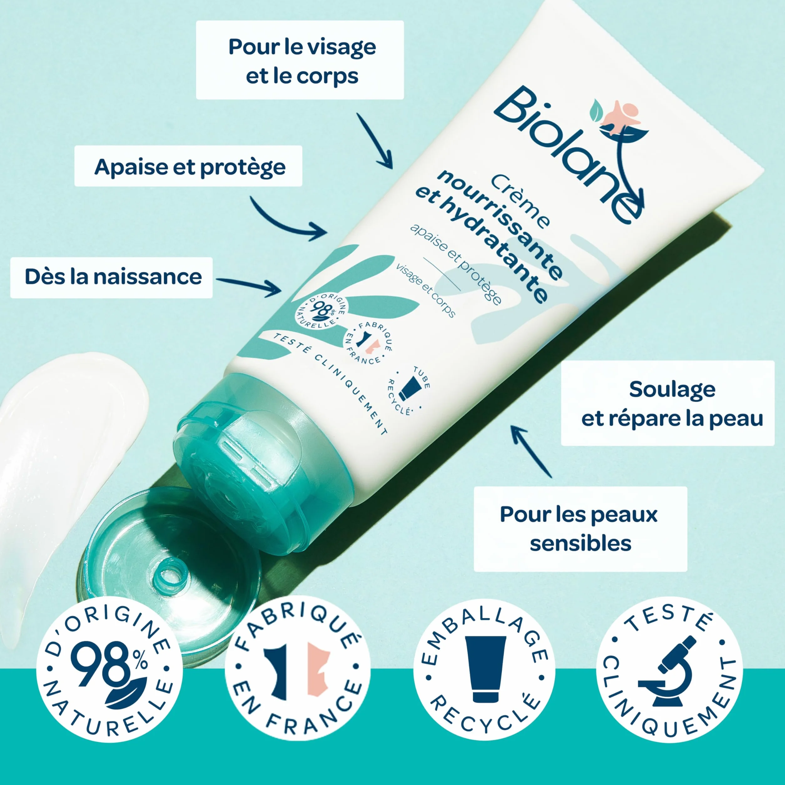 BIOLANE Crème Nourrissante Hydratante Bébé Visage Corps 100 ml Fabriqué France