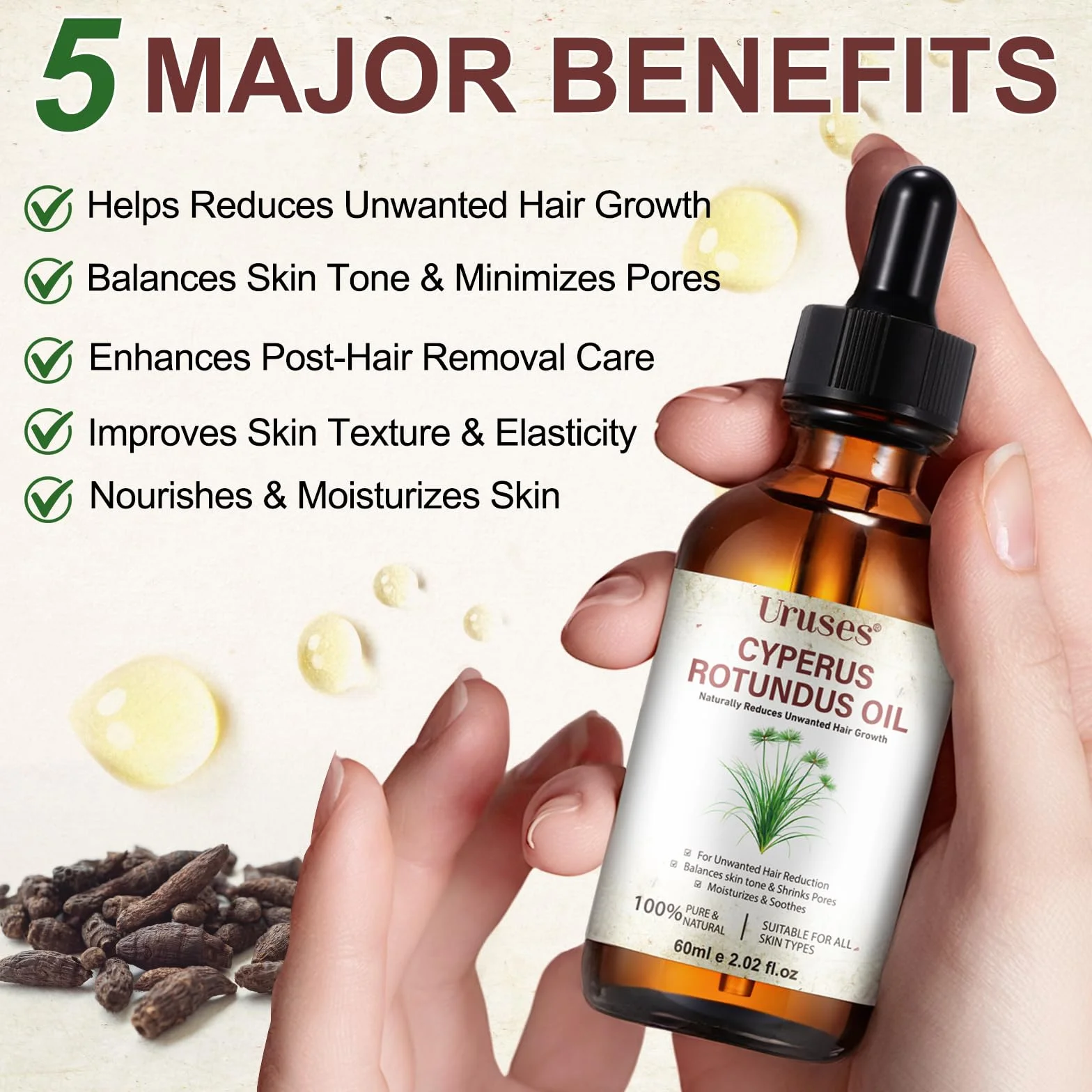 Huile Cyperus Rotundus Inhibitrice de Pilosité 60ml - Réduit la Repousse, Répare la Peau & Resserre les Pores - 100% Naturelle, Vegan