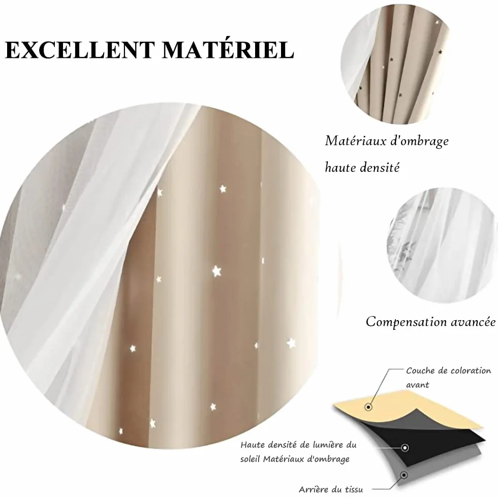 Freyamy Rideau Occultant Étoile Creux Thermique Isolant Anti Froid Oeillets Léger Fenêtre 244x132cm Beige 2 Pièces