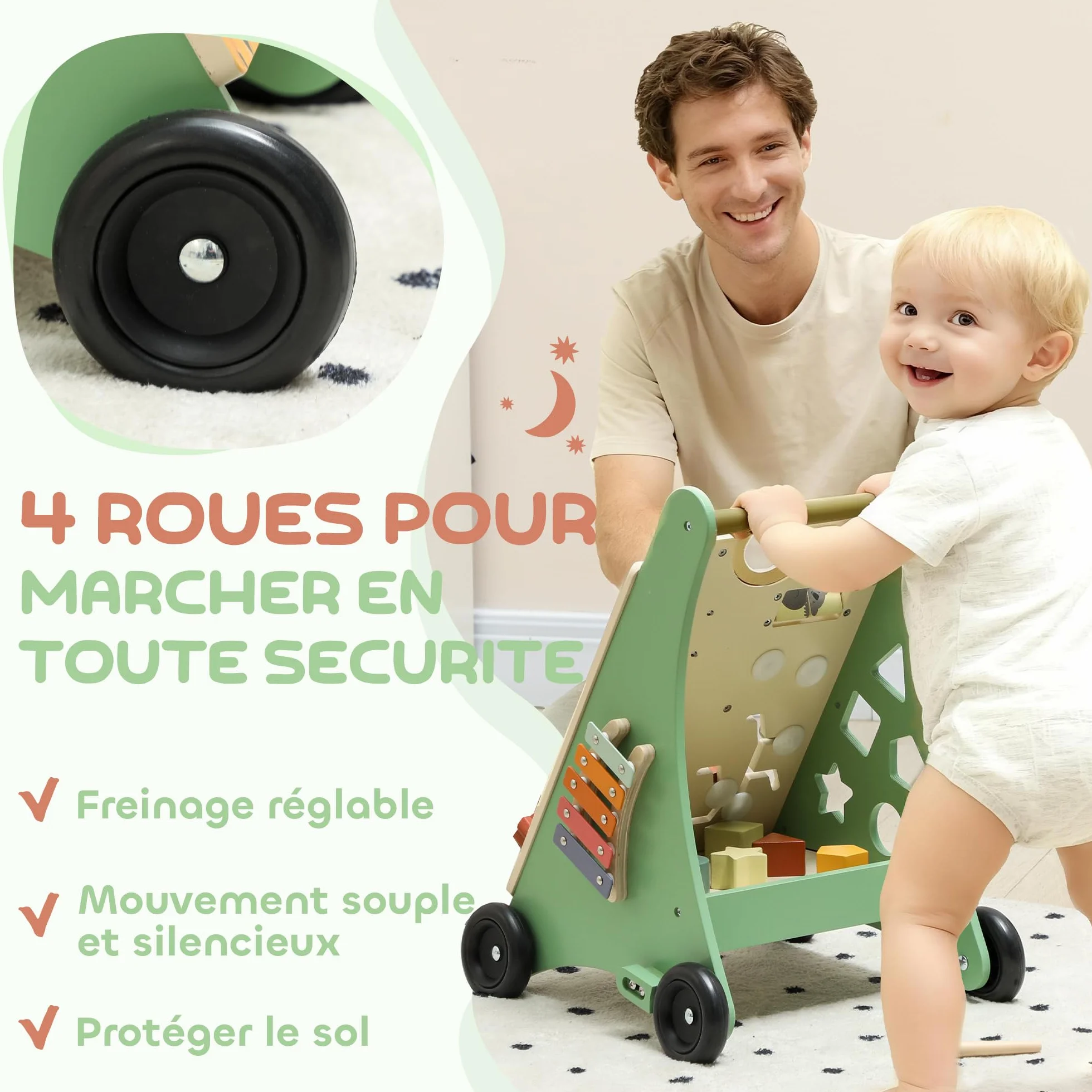 AIYAPLAY Trotteur en bois bébé contrôle vitesse centre activités xylophone engrenages labyrinthe perles chariot marche 18+ mois vert