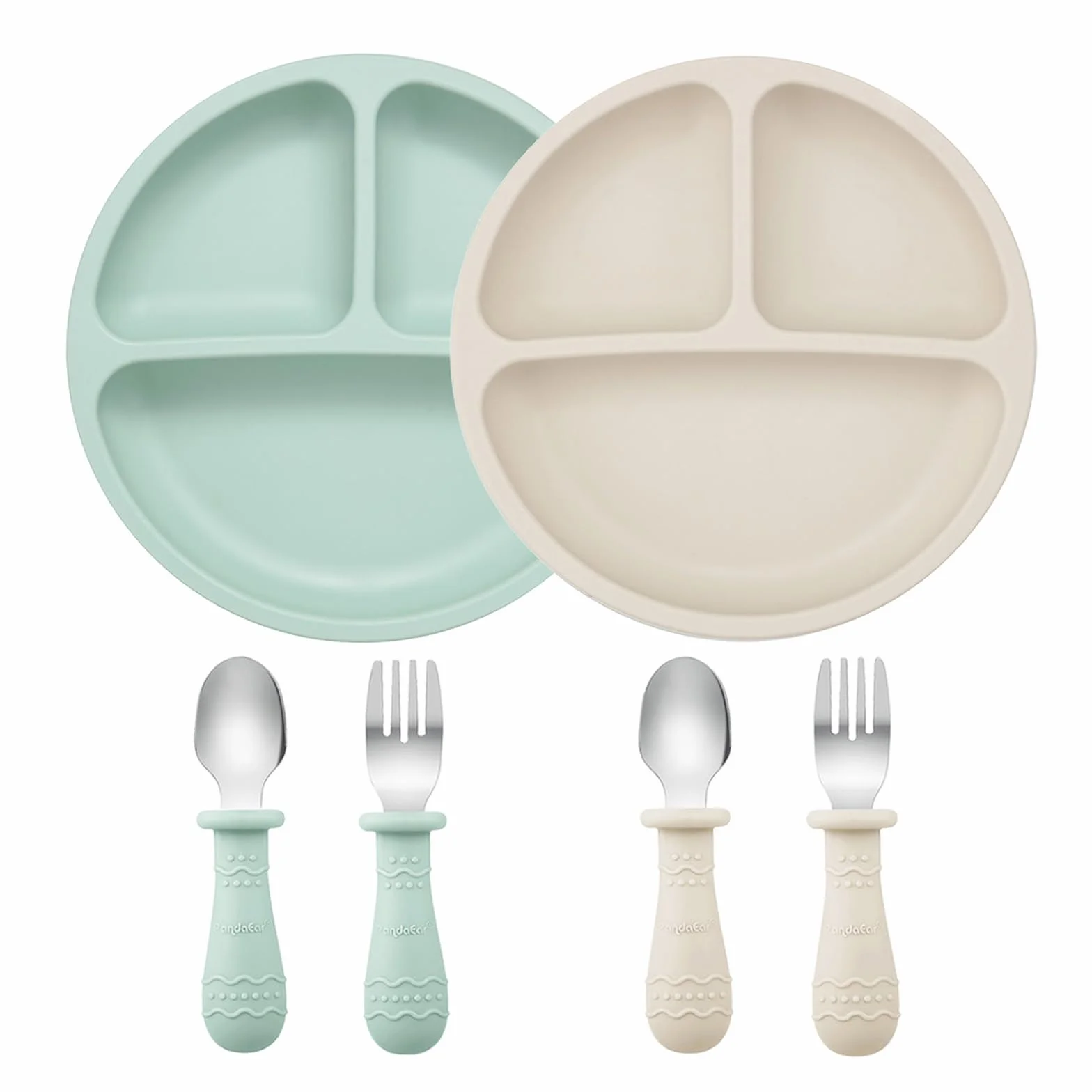 PandaEar Set de Vaisselle pour Bébé - 2 Assiettes Divisées en Silicone avec Ventouse, 2 Cuillères et Fourchettes
