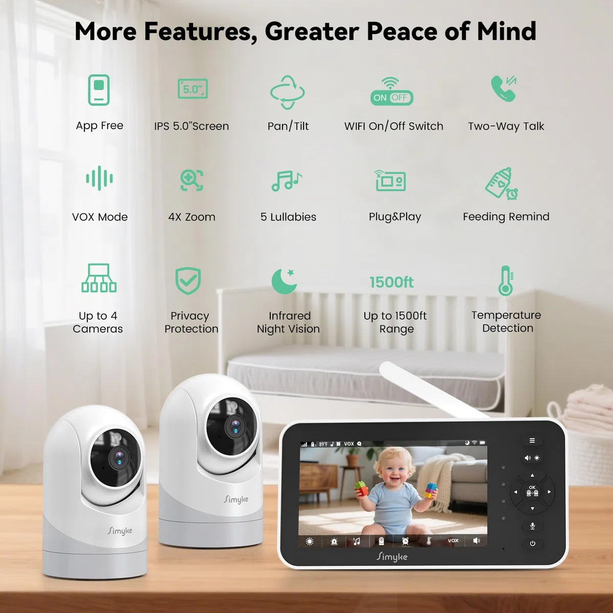 Simyke Moniteur vidéo pour bébé 1080p avec 2 caméras - Écran IPS de 12,7 cm avec contrôle par application, vision nocturne HD, alertes de mouvement, conversation bidirectionnelle, accès