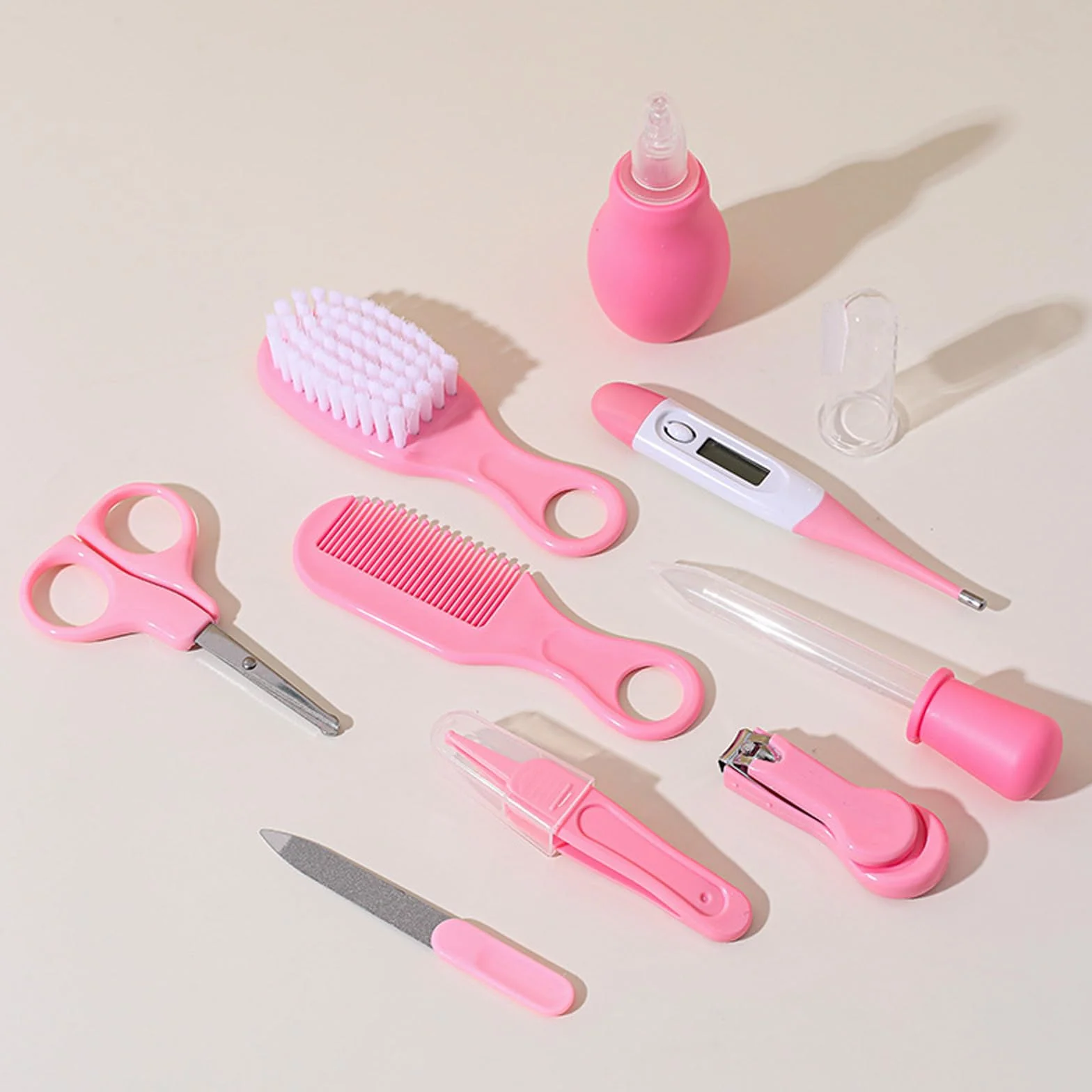 Liemuao Trousse de Soin Bébé Naissance 10 Pièces, Kit Toilettage Bébé avec Thermomètre Digital, Brosse, Peigne, Lime, Mouche Bébé, Rose
