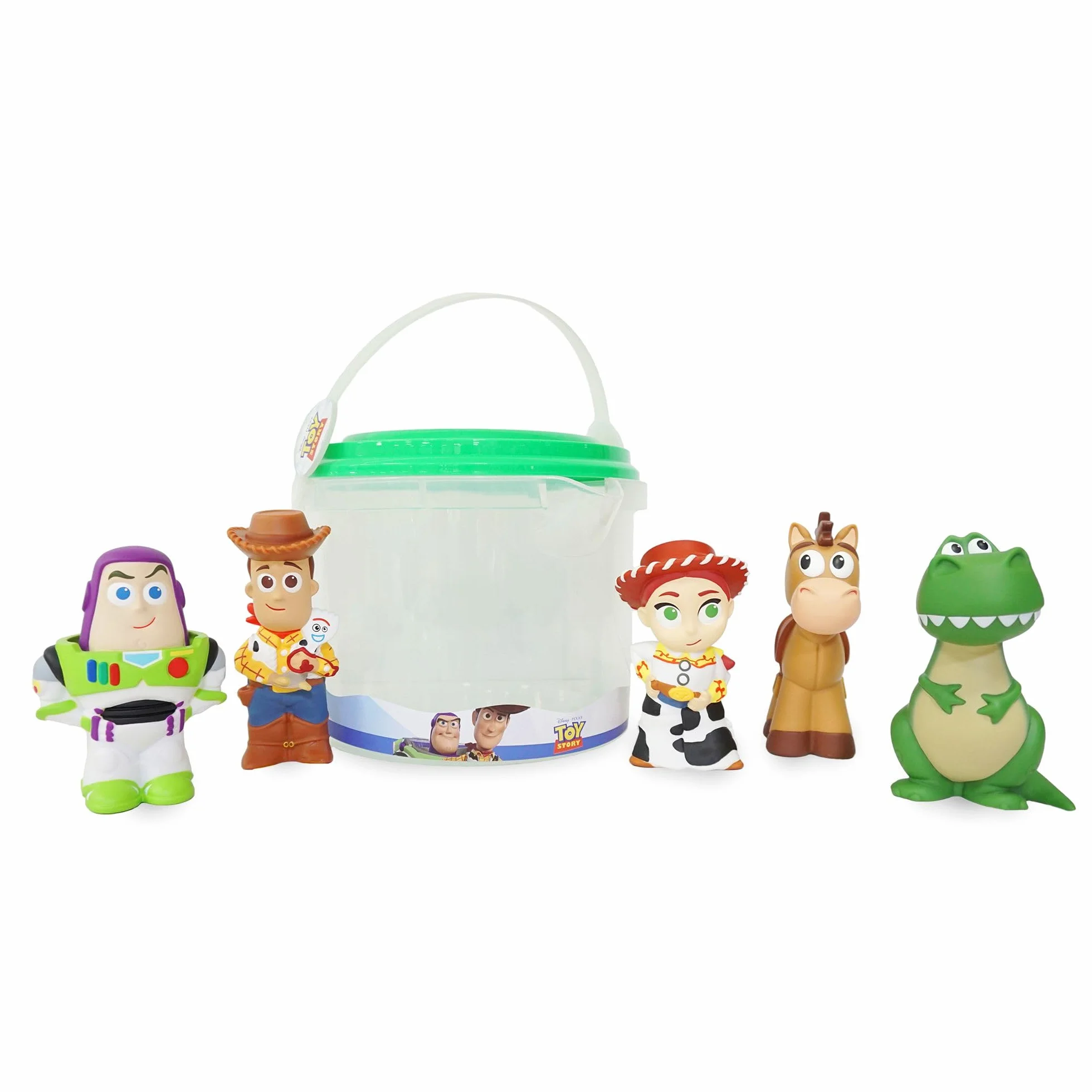 Disney Store Ensemble de Jouets pour Le Bain Toy Story 5 pièces Buzz l'éclair Woody Jessie Pile-Poil Rex Seau à Couvercle tamisé