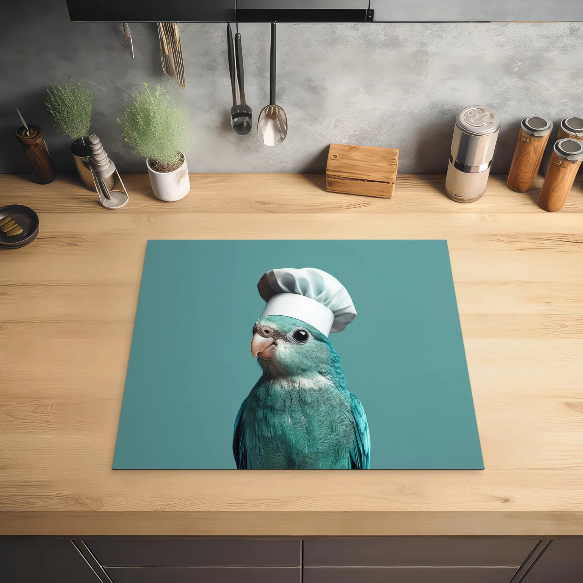 KitchenYeah Protection Plaque Induction 59x52 cm Protege Cuisine Cache Protège Cuisson Accessoires Perruche Oiseau Toque Chef Mignon