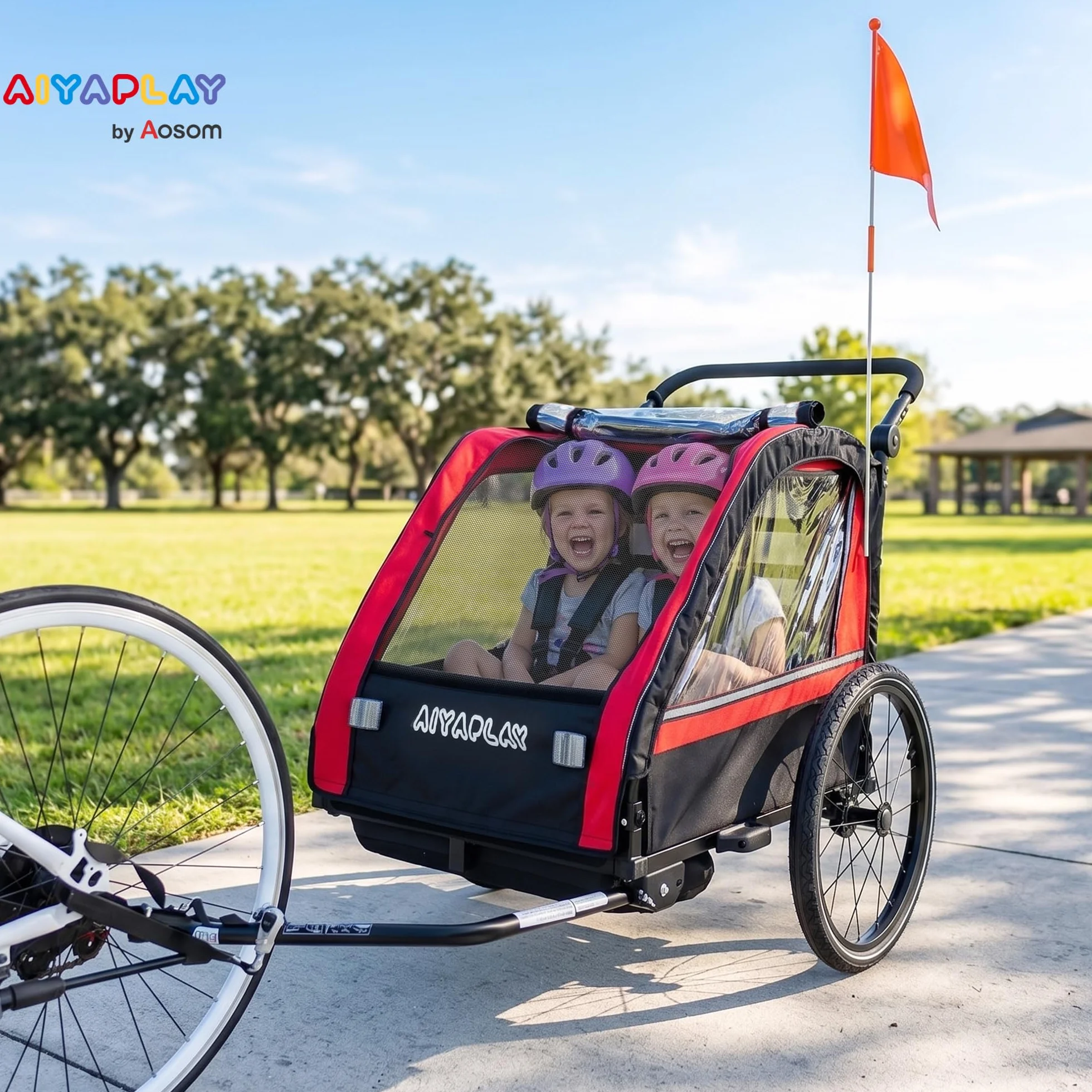 AIYAPLAY Remorque vélo Enfant 2 Places 2 en 1 Poussette bébé Guidon réglable Frein à Main Ceinture sécurité 5 Points attelage Universel 38 kg Rouge