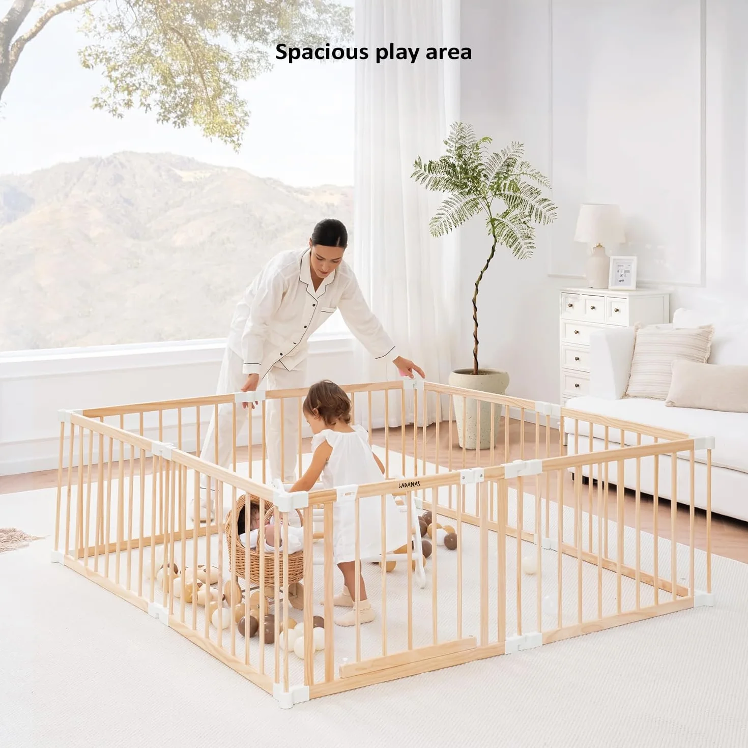 Parc bébé pliable en bois naturel 152x76 cm avec porte sécurisée et ventouses antidérapantes