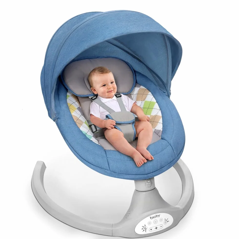 Bioby Balancelle Bebe Electrique Transat Bebe Harnais 5 Points 5 Modes Balancement Pliable Bluetooth Telecommande Bleu
