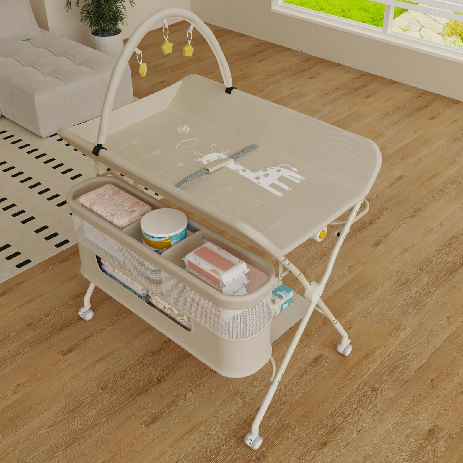OHMG Table à Langer Pliable avec Panier Latéral et Roulettes, 5 Réglable en Hauteur, 75x68x83-91cm