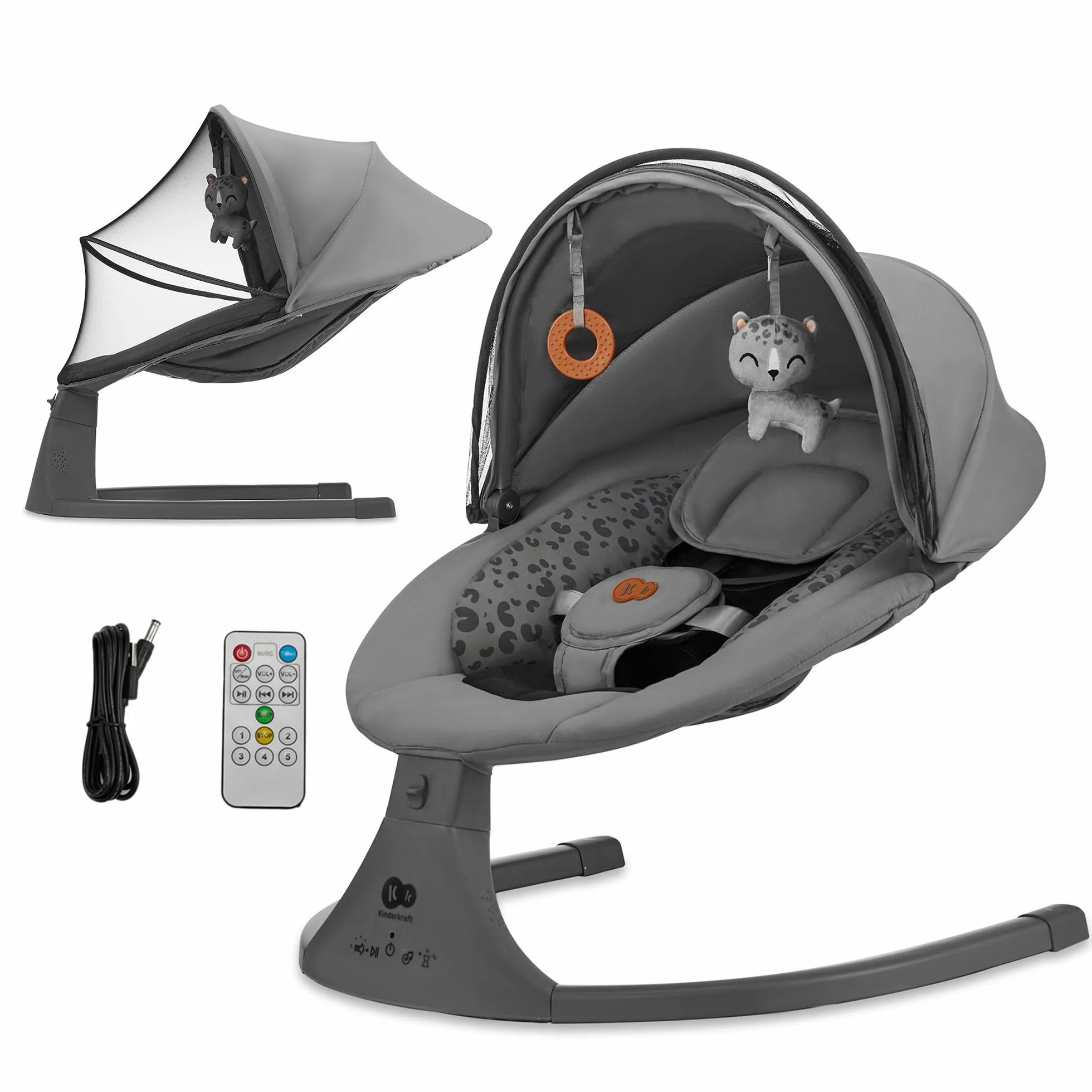 Kinderkraft LUMI 2 Transat bébé Balancelle électrique Naissance à 9 Mois Réglable hauteur 5 modes balancement 12 mélodies Arche jouets Gris foncé