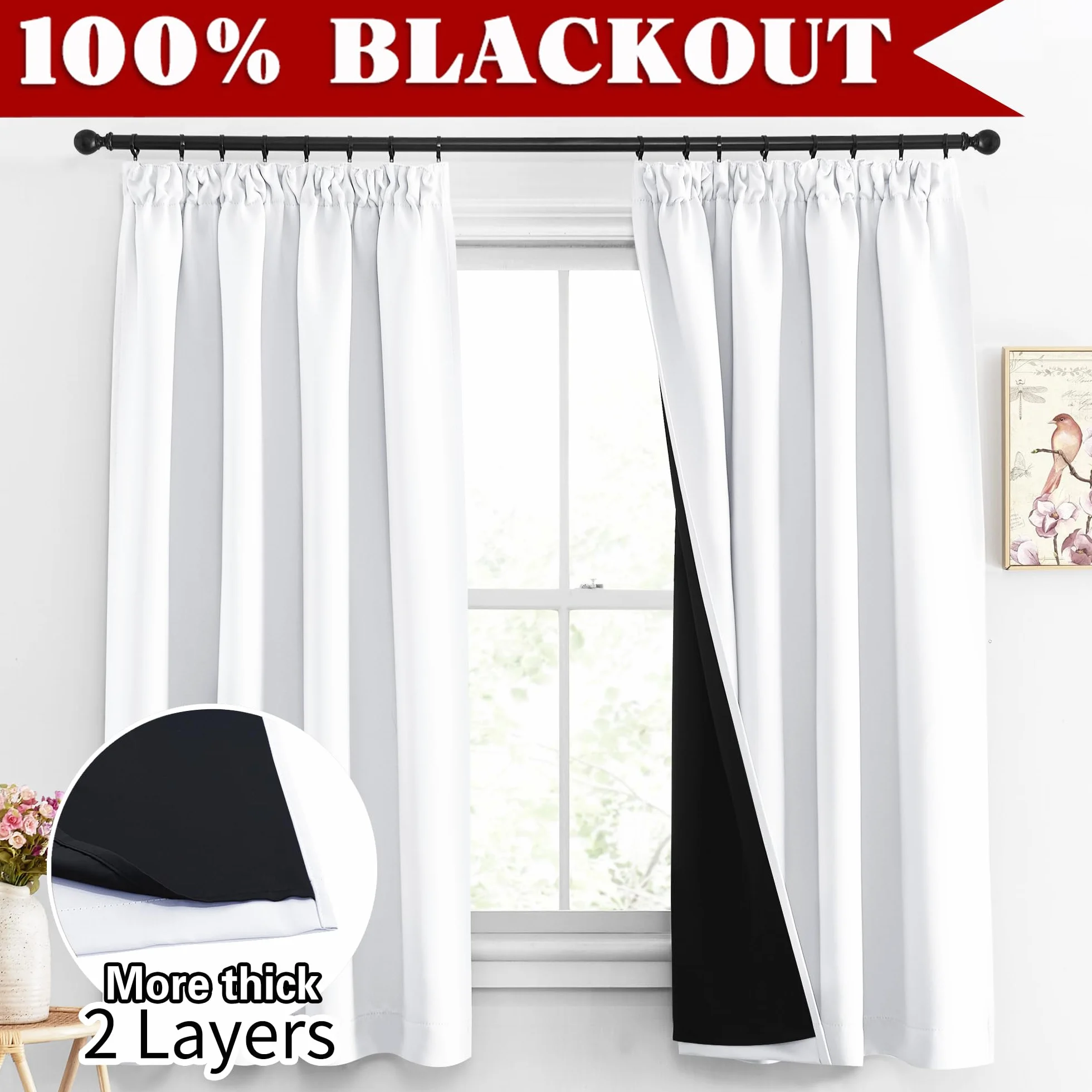 PONY DANCE Rideaux Occultant Blanc Pur L140 x H145cm 2 Pièces Doublure Noire