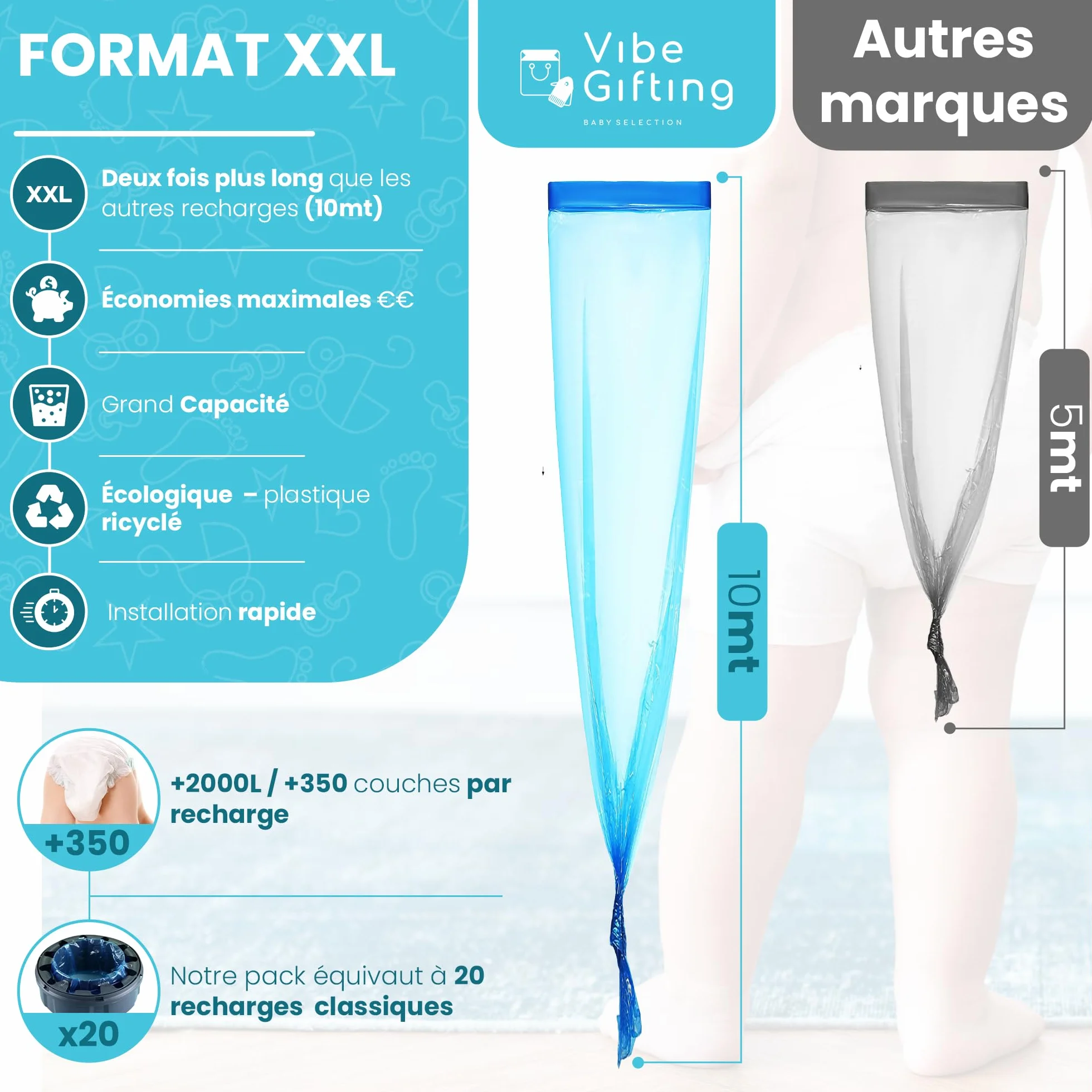 VibeGifting® Pack XXL-9 Recharge Poubelle à Couche 10 m Compatible Tommee Tippee Angelcare Antibactérien Parfumé Anti-Odeur Sans BPA Recyclé