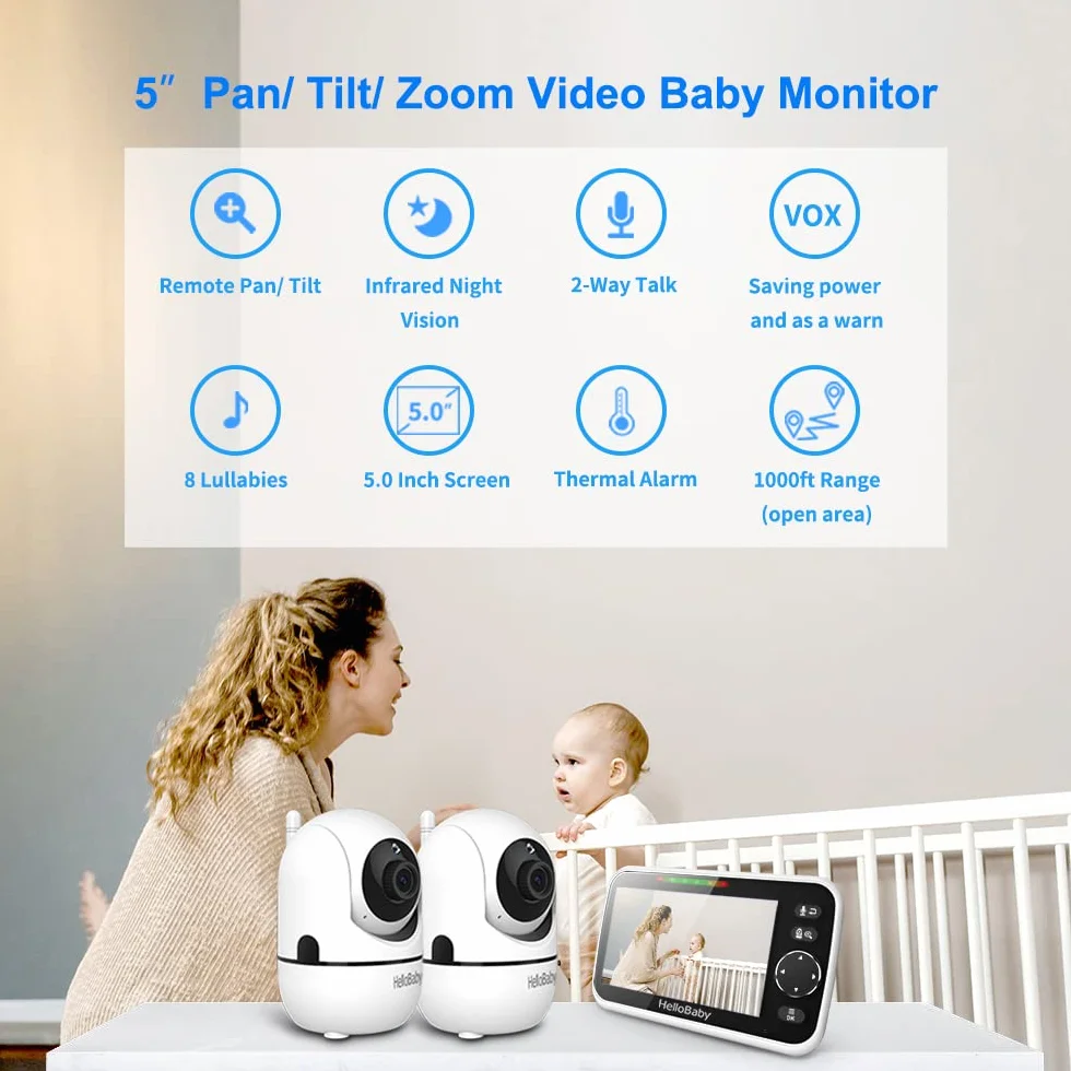 HelloBaby Moniteur bébé 12,7 cm Batterie 26 Heures 2 caméras Zoom Vidéo Audio Portée 304,8 m sans WiFi VOX Vision Nocturne Conversation bidirectionnelle 8 Langues