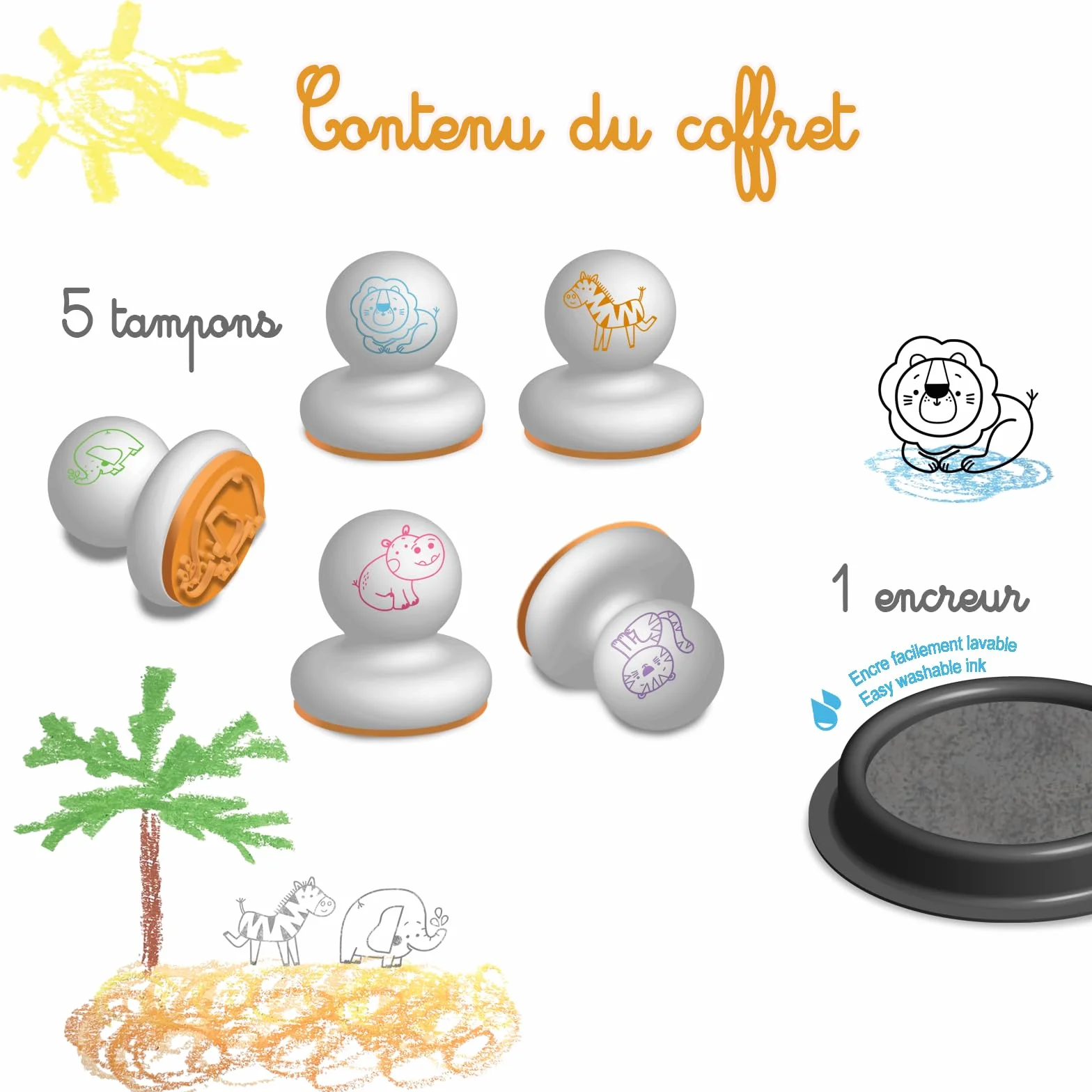 Créa Lign' Mes 1ers tampons Animaux Savane 12 Mois+ Encre Lavable