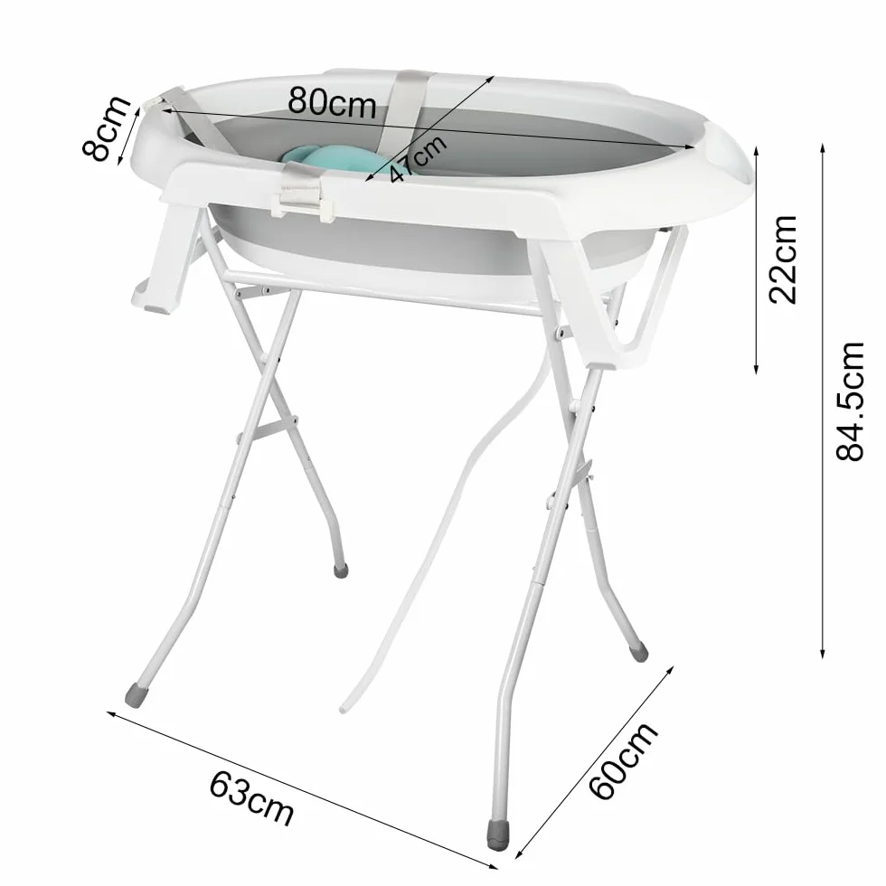 Baignoire Bébé Pliable XXL 2 en 1 sur Pied avec Support, Coussin, Drainage pour Nouveau-nés et Tout-petits (Gris)