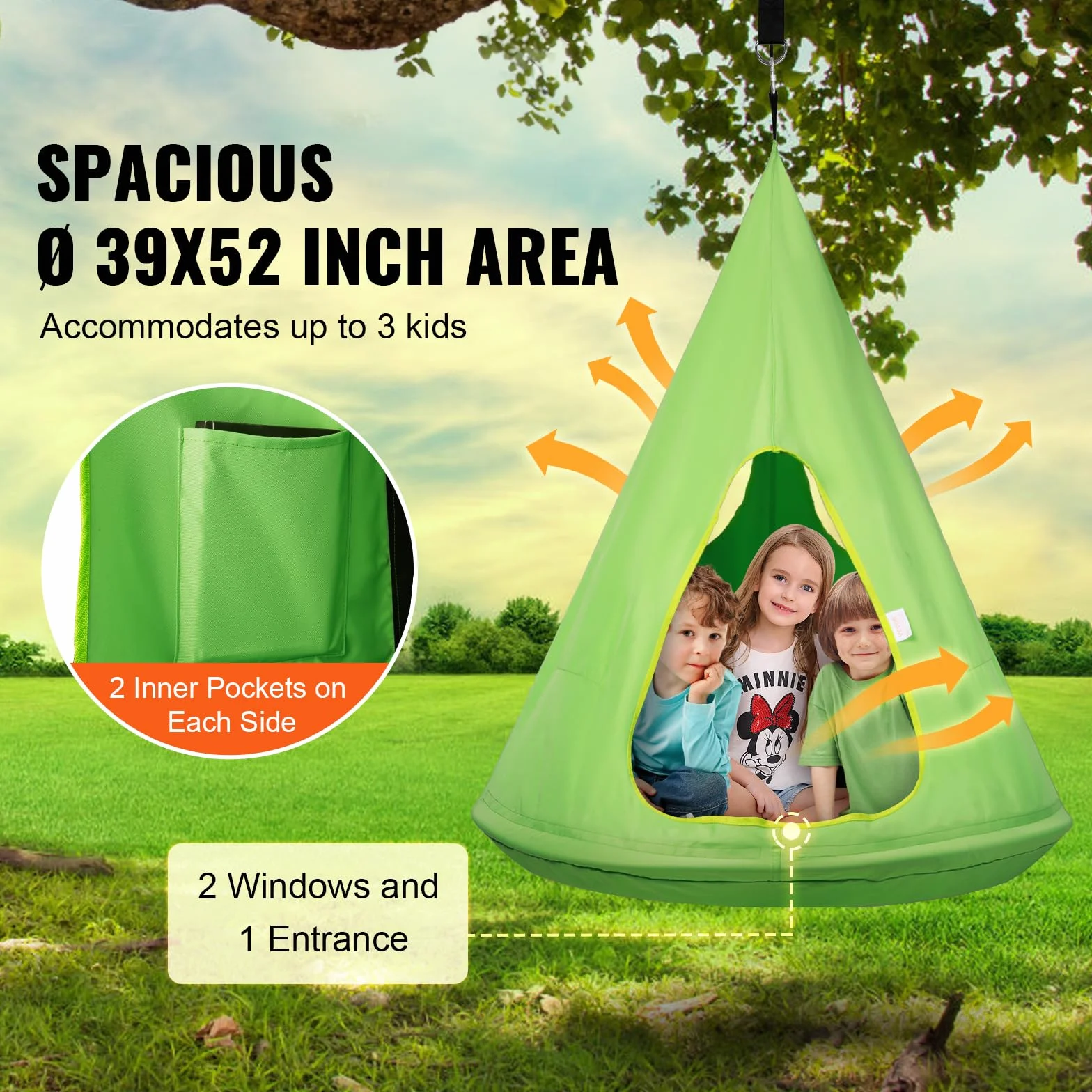 VEVOR Hamac d'enfants 100x132 cm Chaise Balançoire Suspendu Capacité 113 kg avec Corde Réglable Vert