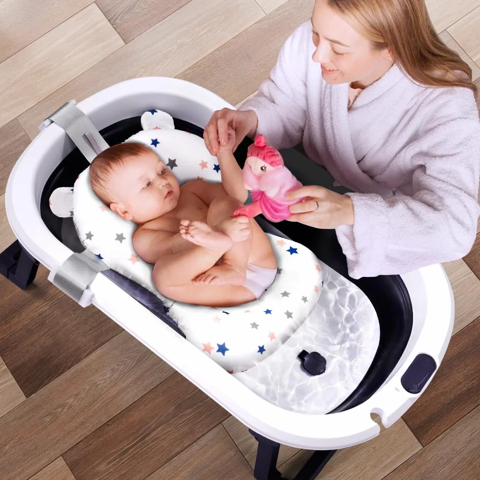 Coussin de Bain pour Nouveau-né, Tapis de Bain Antidérapant Support Siège Pliable Baignoire Bébé 0-18 Mois