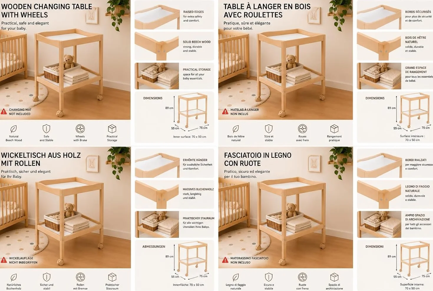 Table à Langer en Bois de Hêtre Naturel avec Roulettes Freinées 75 x 55 x 89 cm Étagère de Rangement Mobilier Bébé