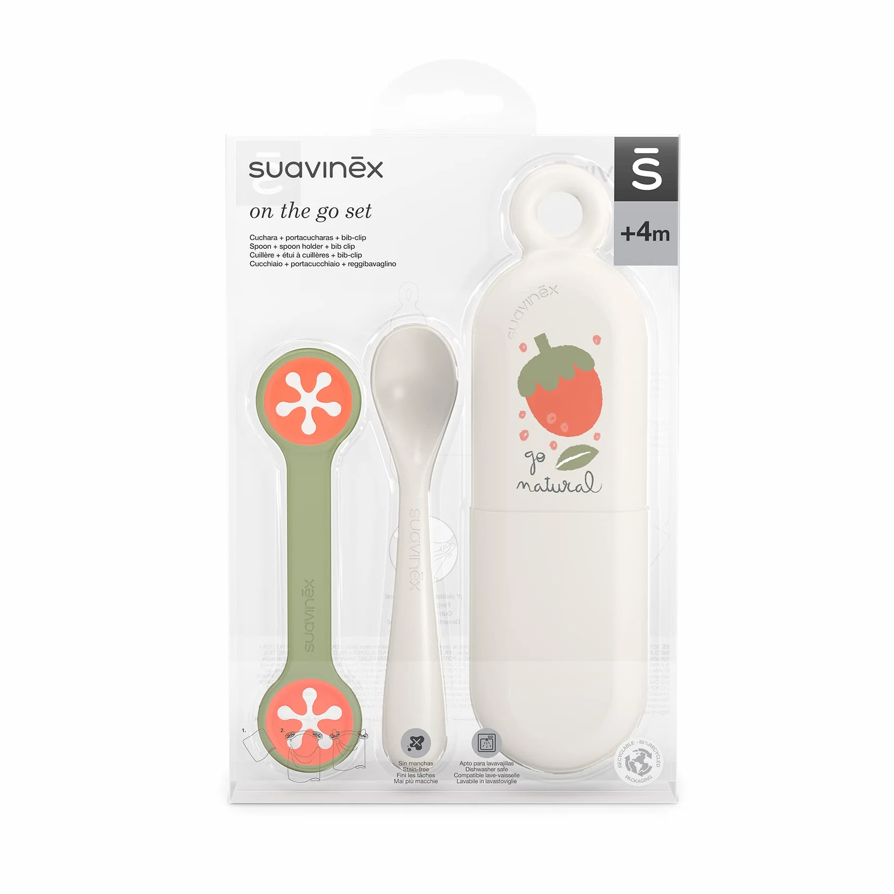 Suavinex On the Go Set Couverts Bébé avec Cuillère Porte-Cuillère Porte-Bavoir Gris