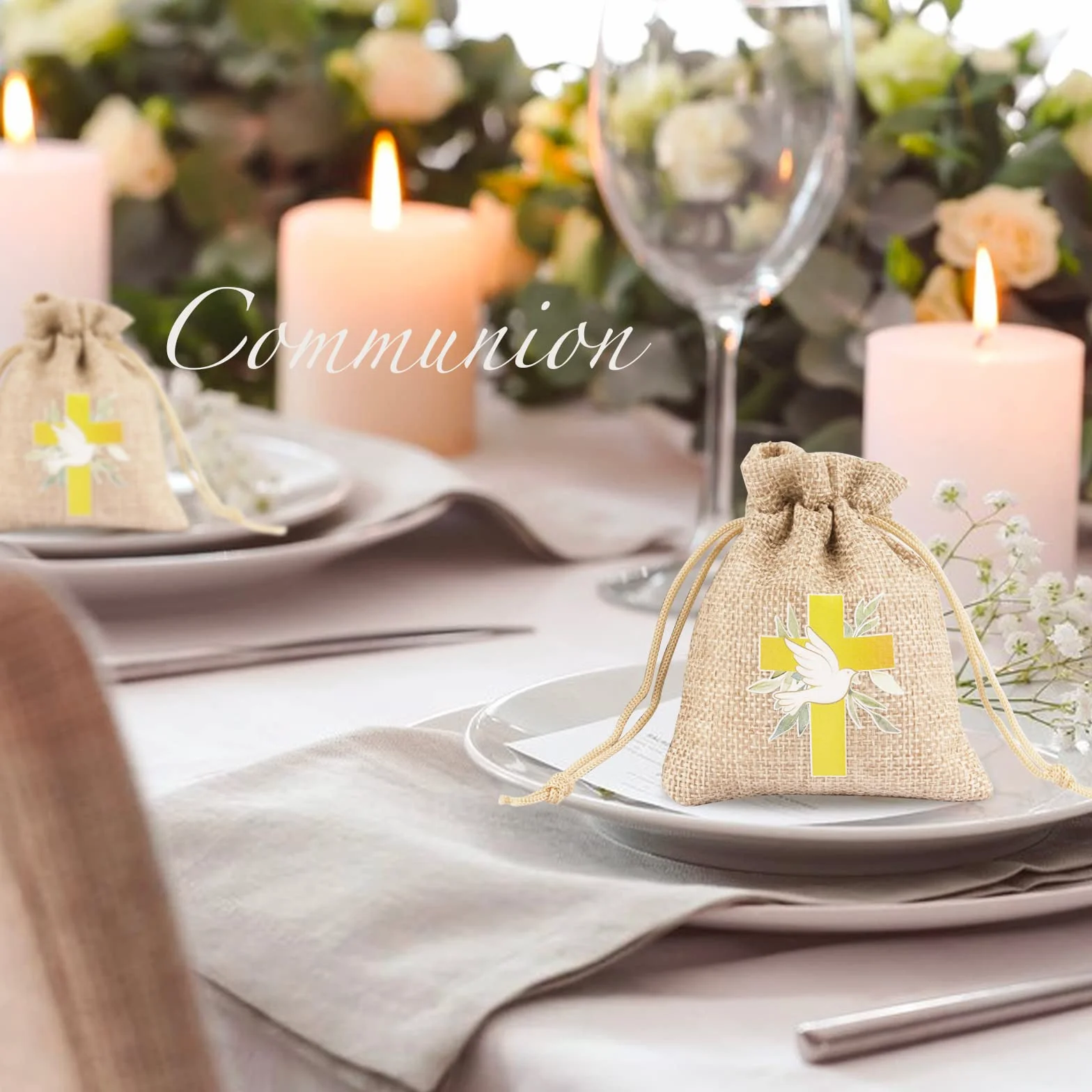 BETESSIN 24pcs Sachet Dragée Jute Pochette Communion Baptême 8x10cm Toile Chanvre Confirmation Sac Poche Bijoux Bonbon Chocolat Cadeau Perle Faveur Décoration Fête Communion