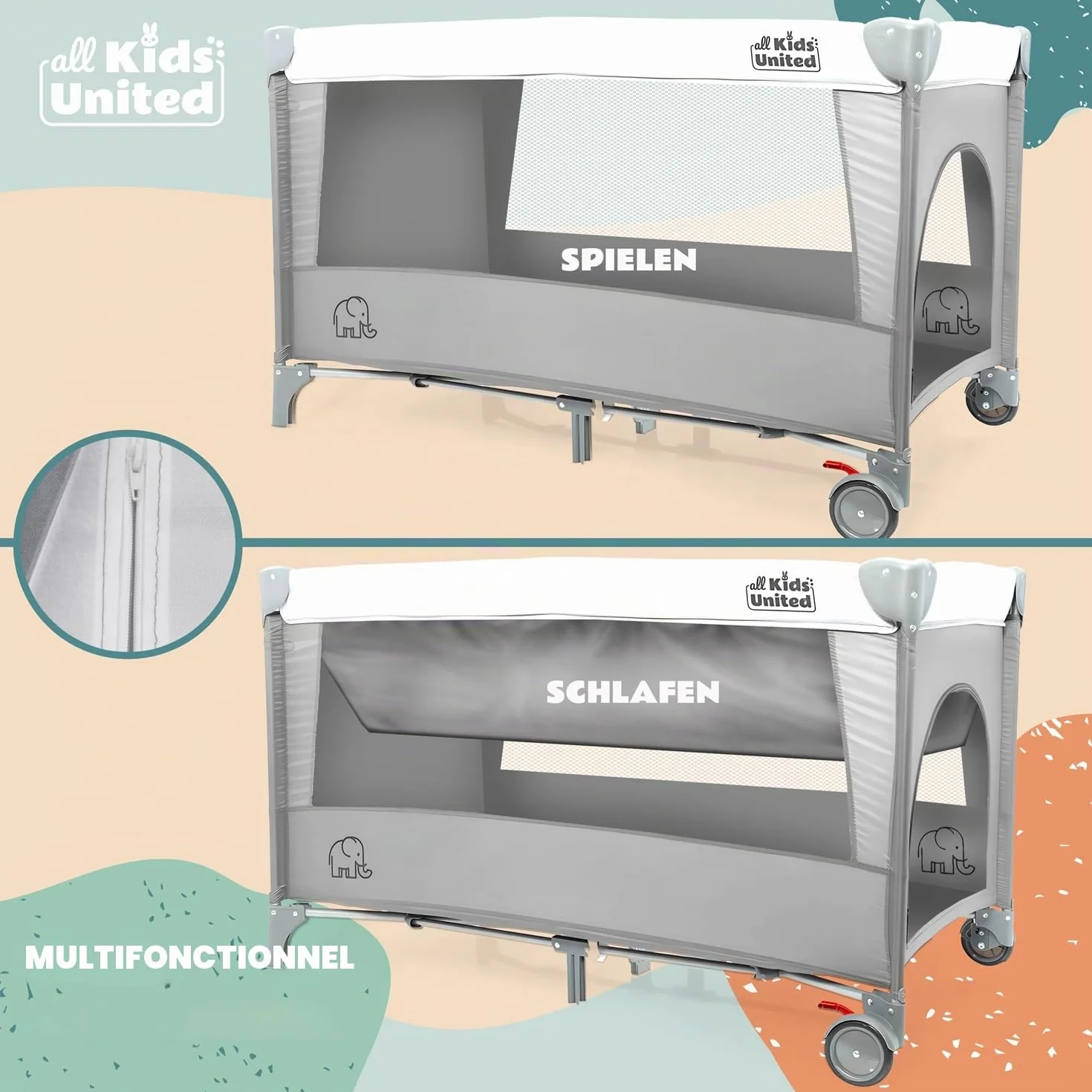 Lit de Voyage pour Bébé Deluxe all Kids United avec Matelas à Langer et Mobile Gris