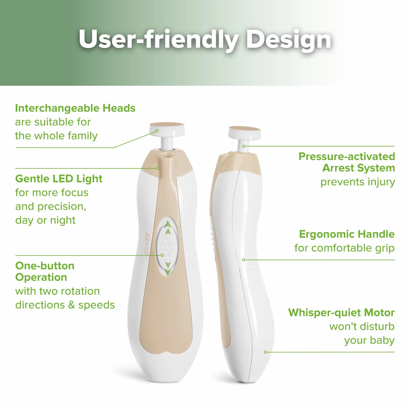 Haakaa Coupe-ongles Électrique pour Bébés, Kit Lime à Ongles avec 6 Têtes et Lumière LED, Kaki